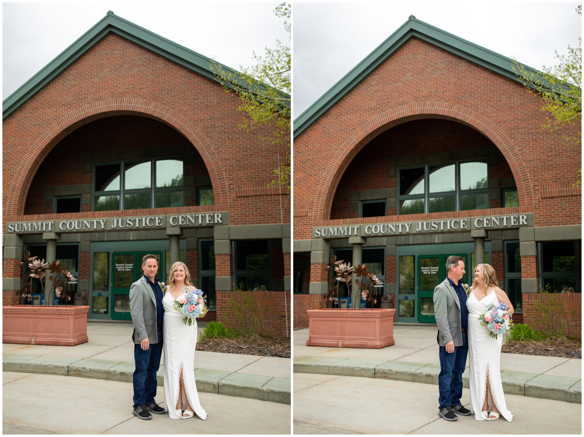 couple posing outside Summit County Colorado courthouse after wedding ceremony 