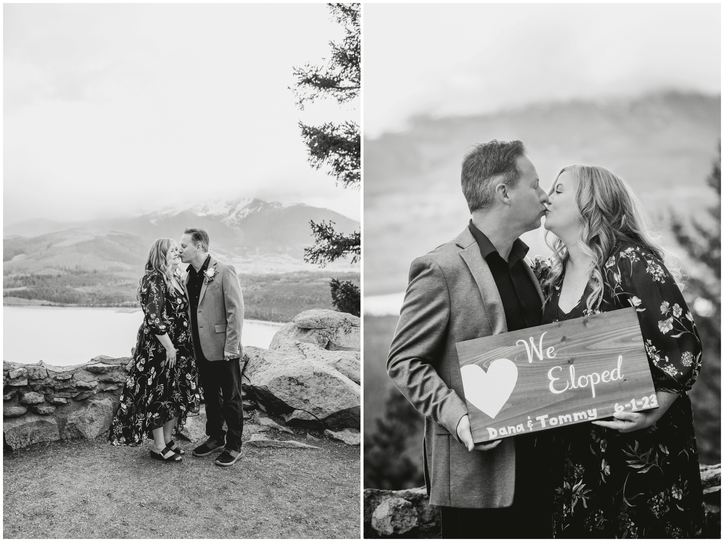 couple holding elopement sign at Sapphire Point Overlook in Breckenridge Colorado