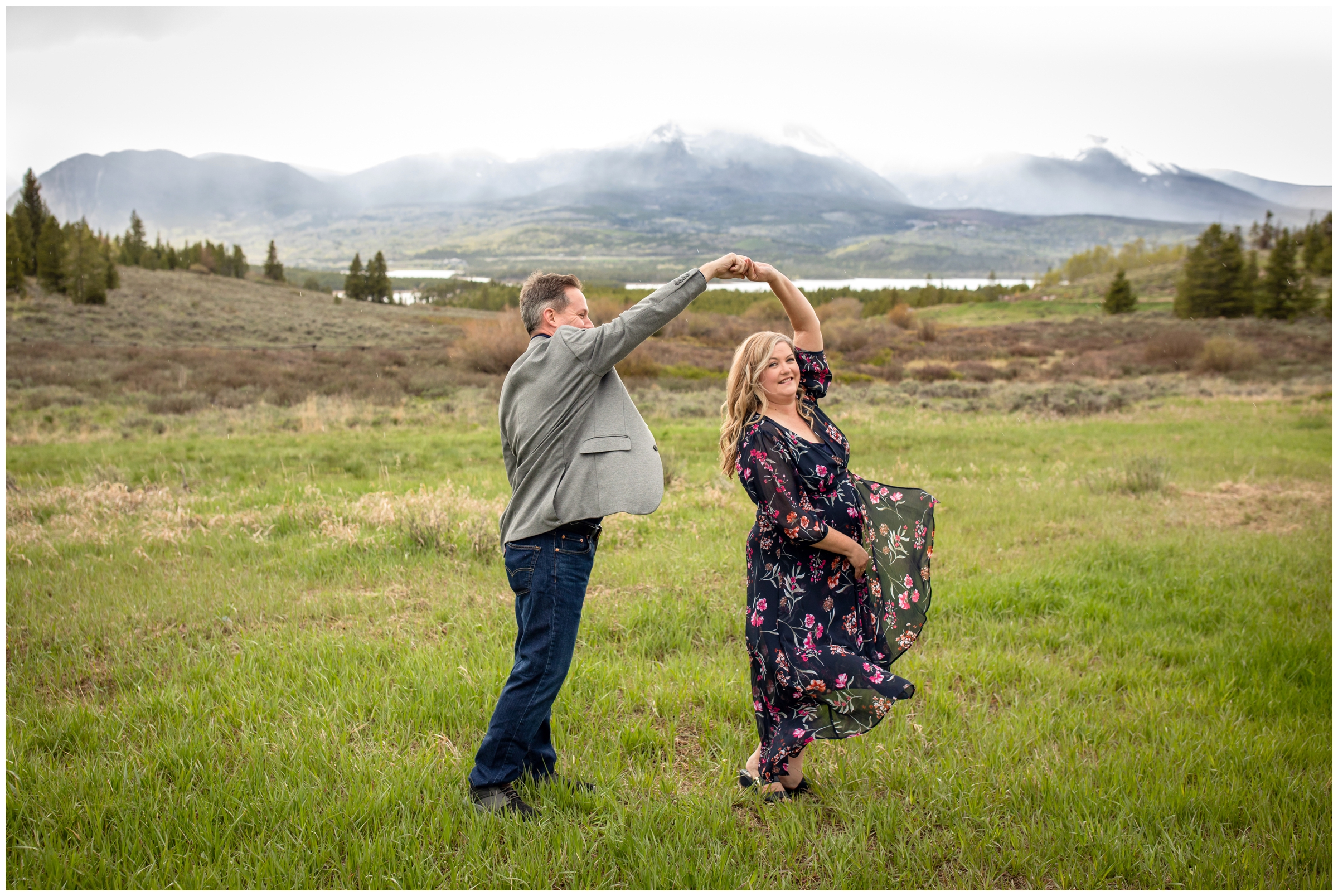 bride and groom dancing in a field during Breckenridge elopement pictures at Windy Point Campground by Colorado wedding photographer Plum Pretty Photography