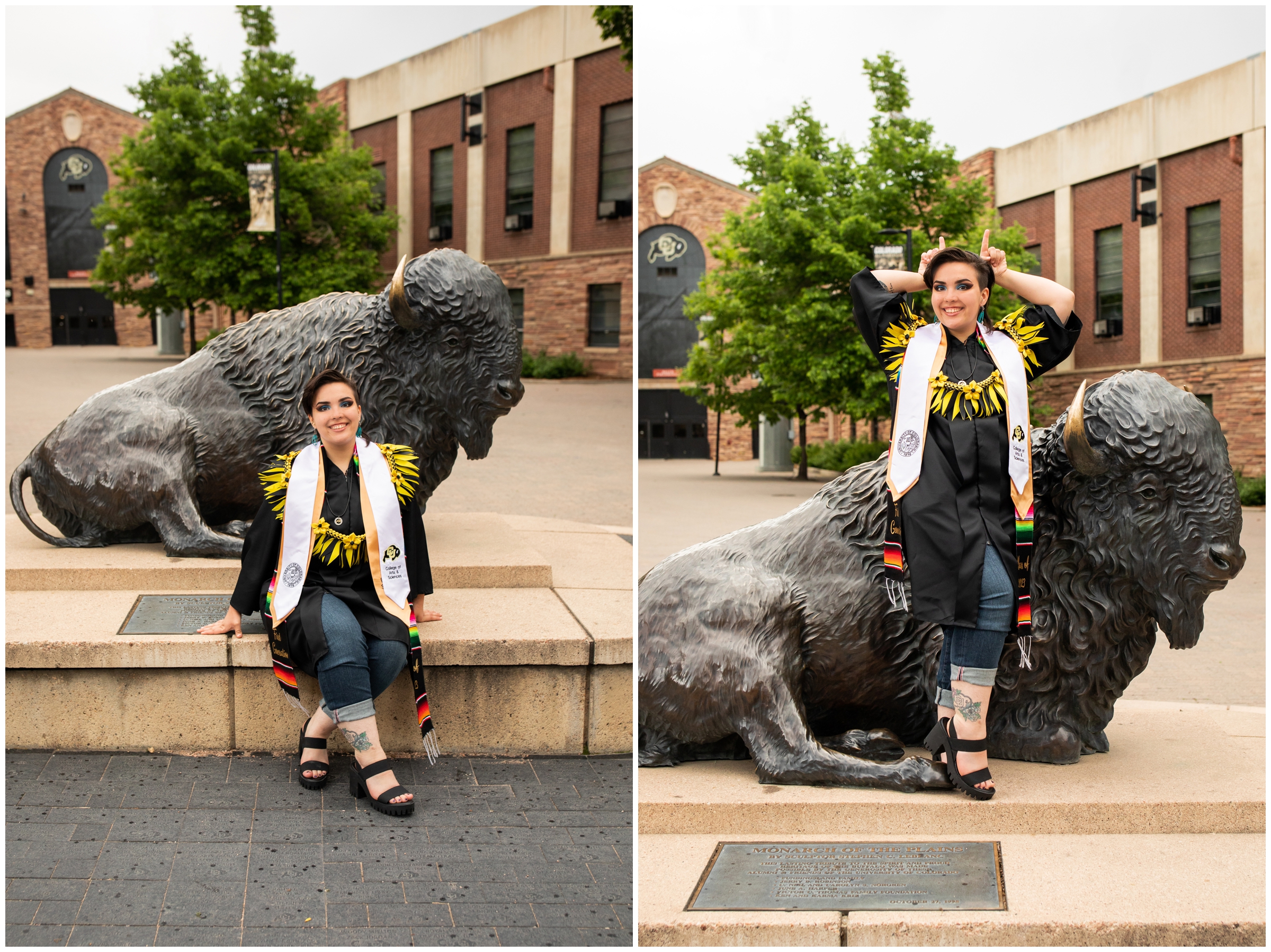 CU Boulder graduation portraits with buffalo sculpture by Colorado college senior photographer Plum Pretty Photography