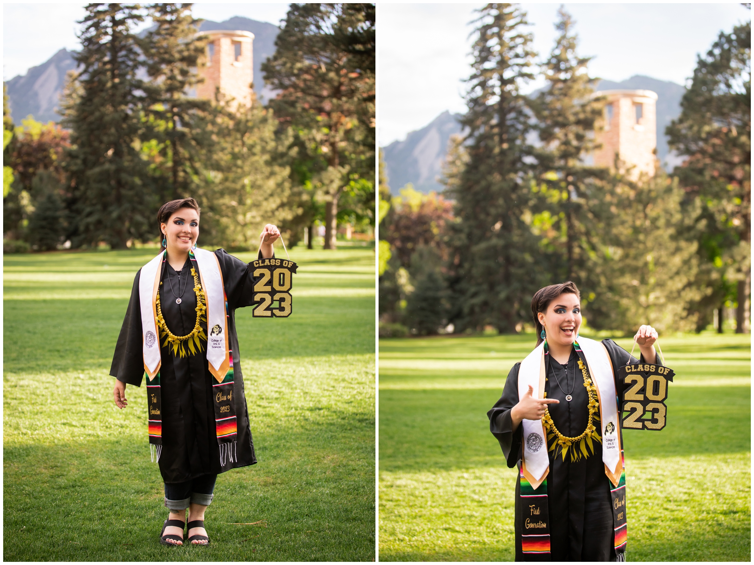 woman holding graduation sign during CU Boulder college senior pictures by Plum Pretty Photos
