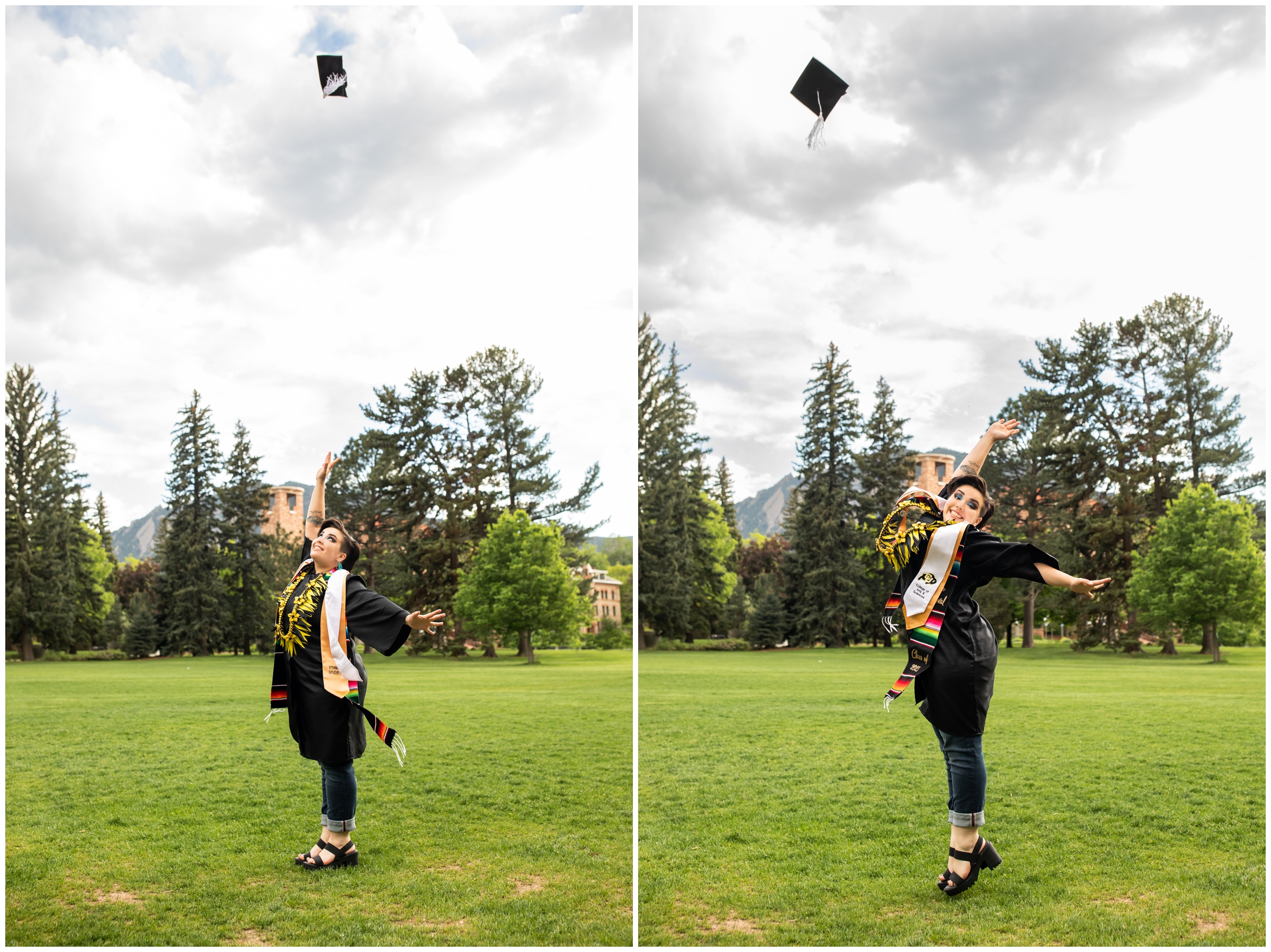 woman throwing graduation cap into the air during college cap and gown senior pictures in Boulder Colorado 