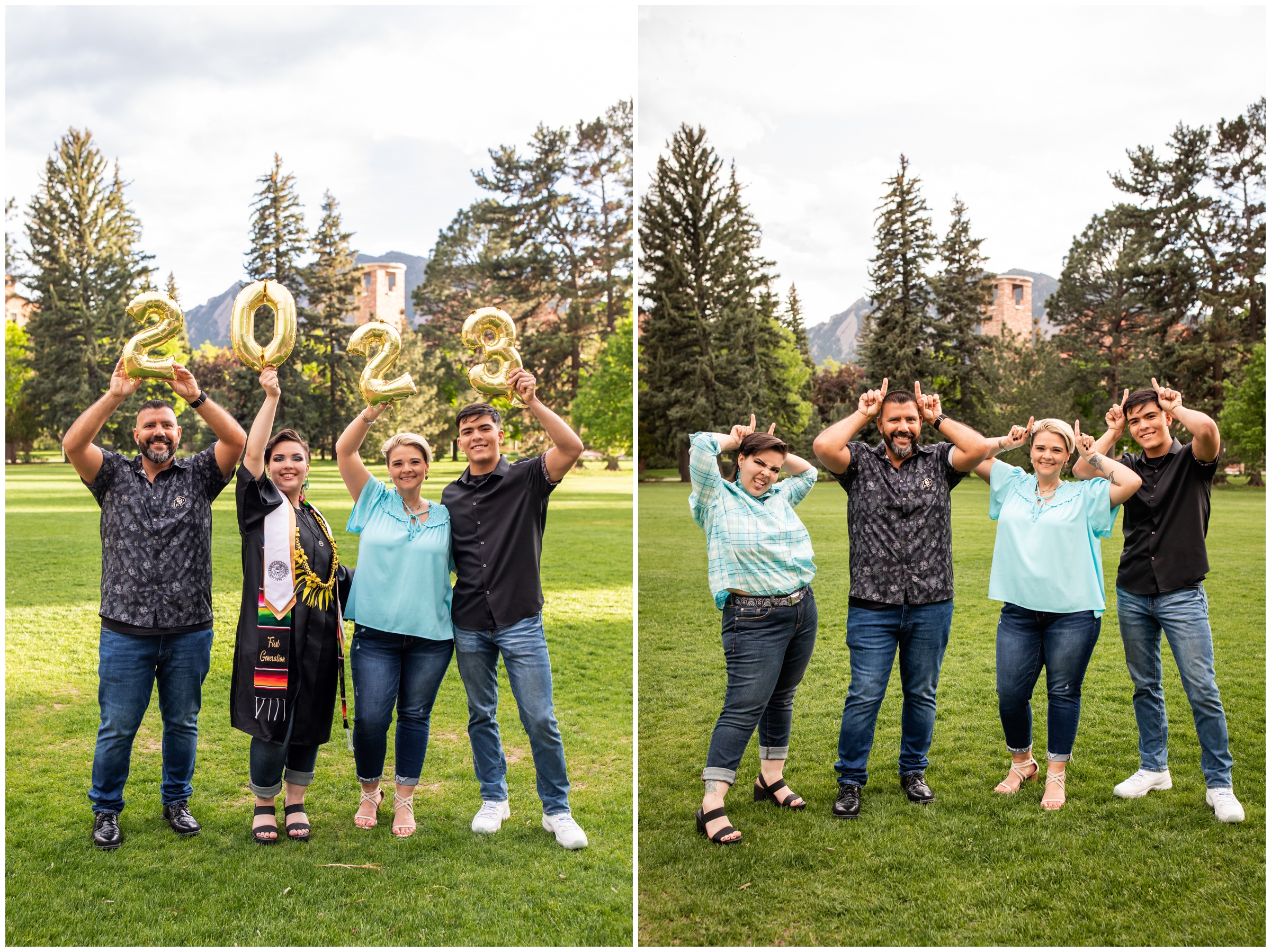 family holding graduation balloons during college senior photography session in Colorado  