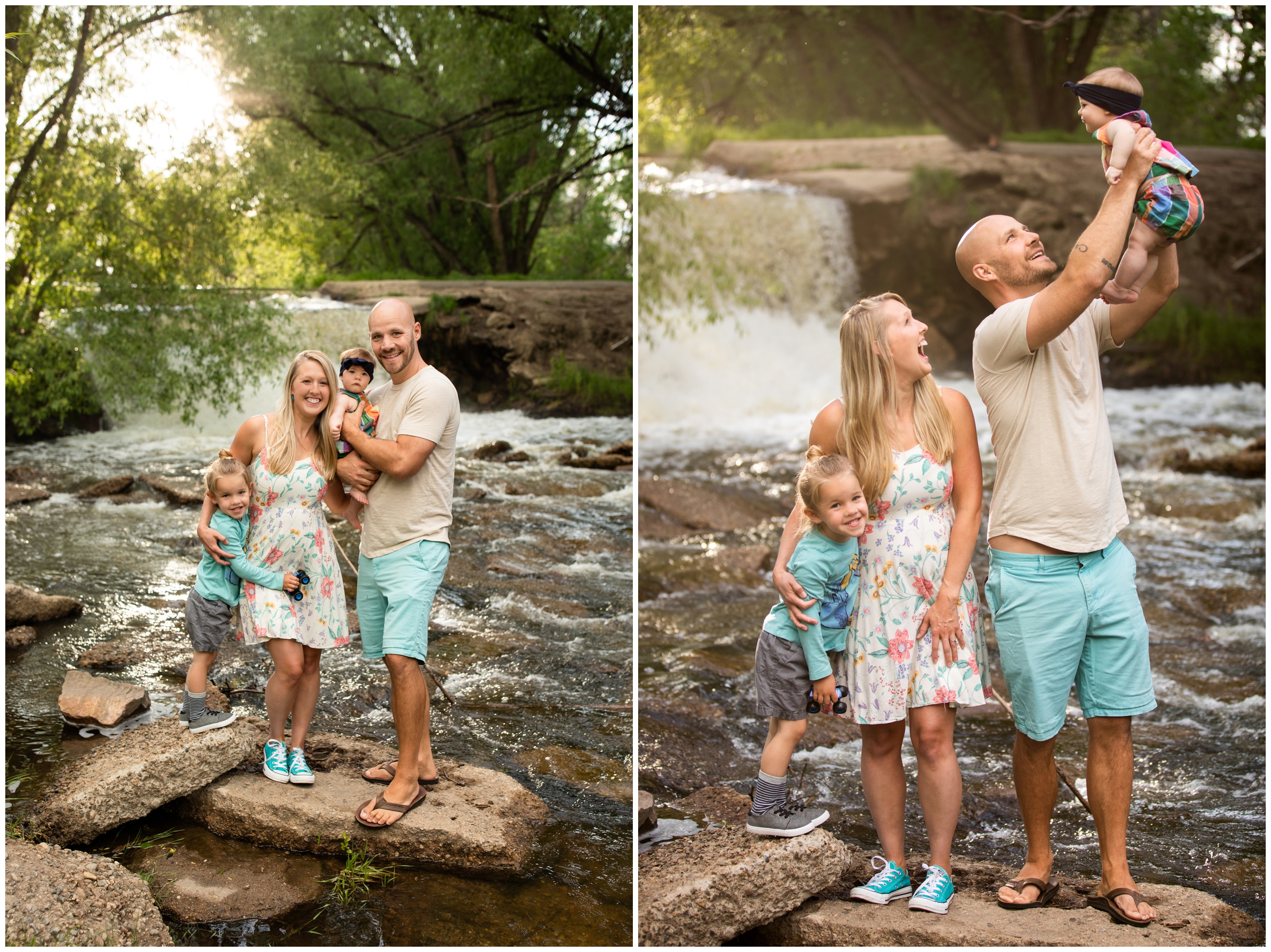 family posing by waterfall in Longmont Colorado during family photography session at Golden Ponds 