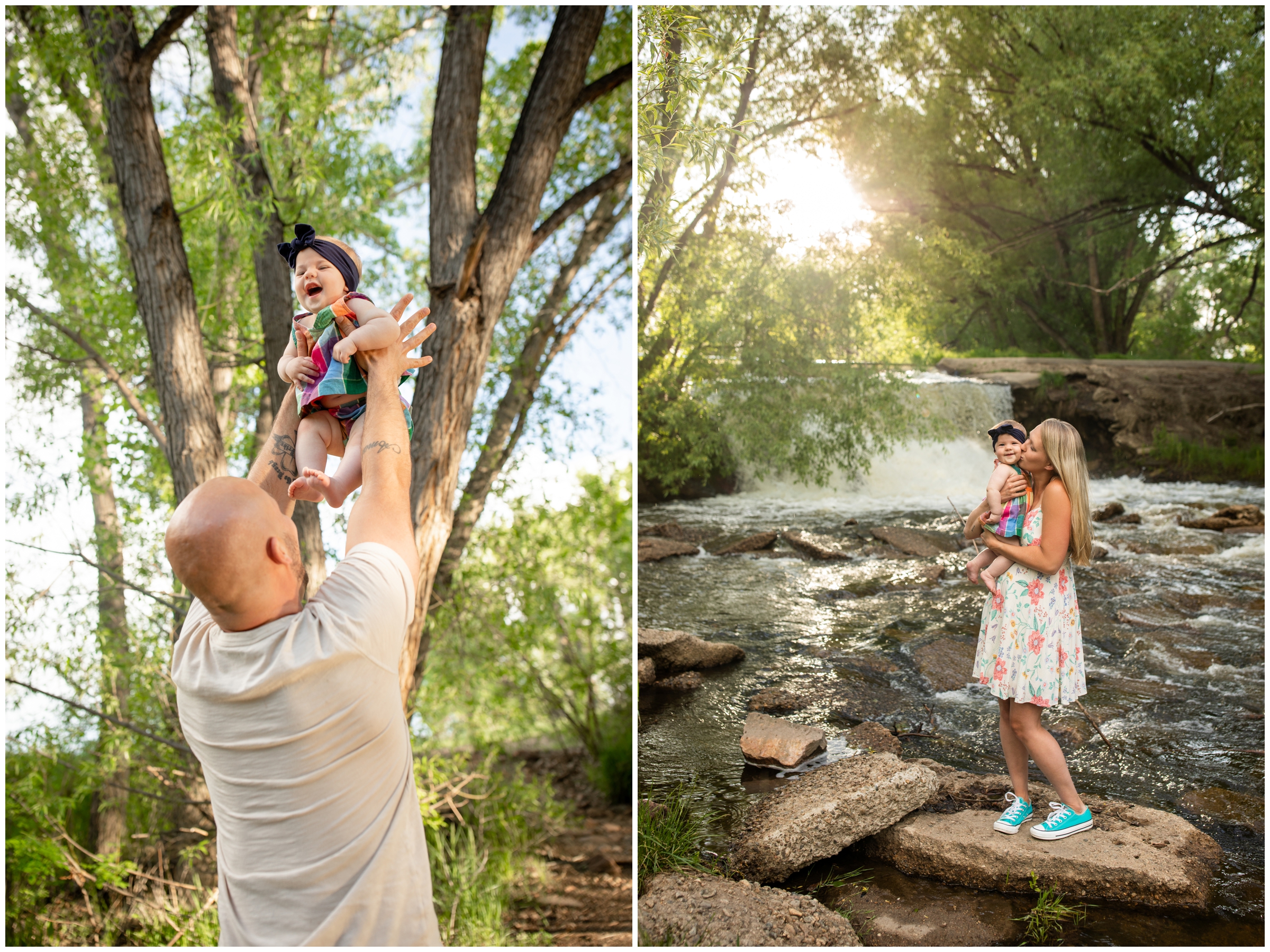 dad lifting daughter in air during candid family photos in Longmont Colorado 