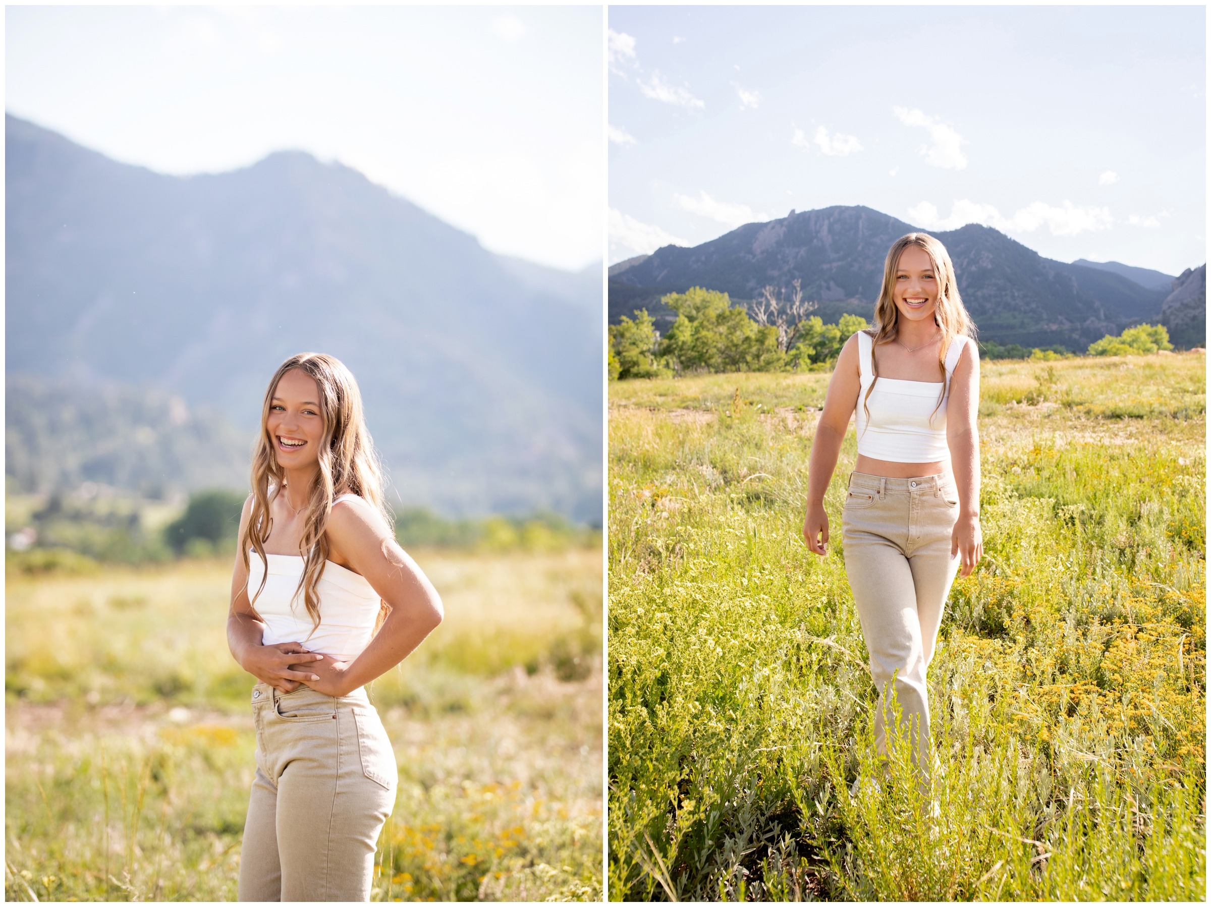 teen walking through mountain field during candid senior pictures in Boulder Colorado