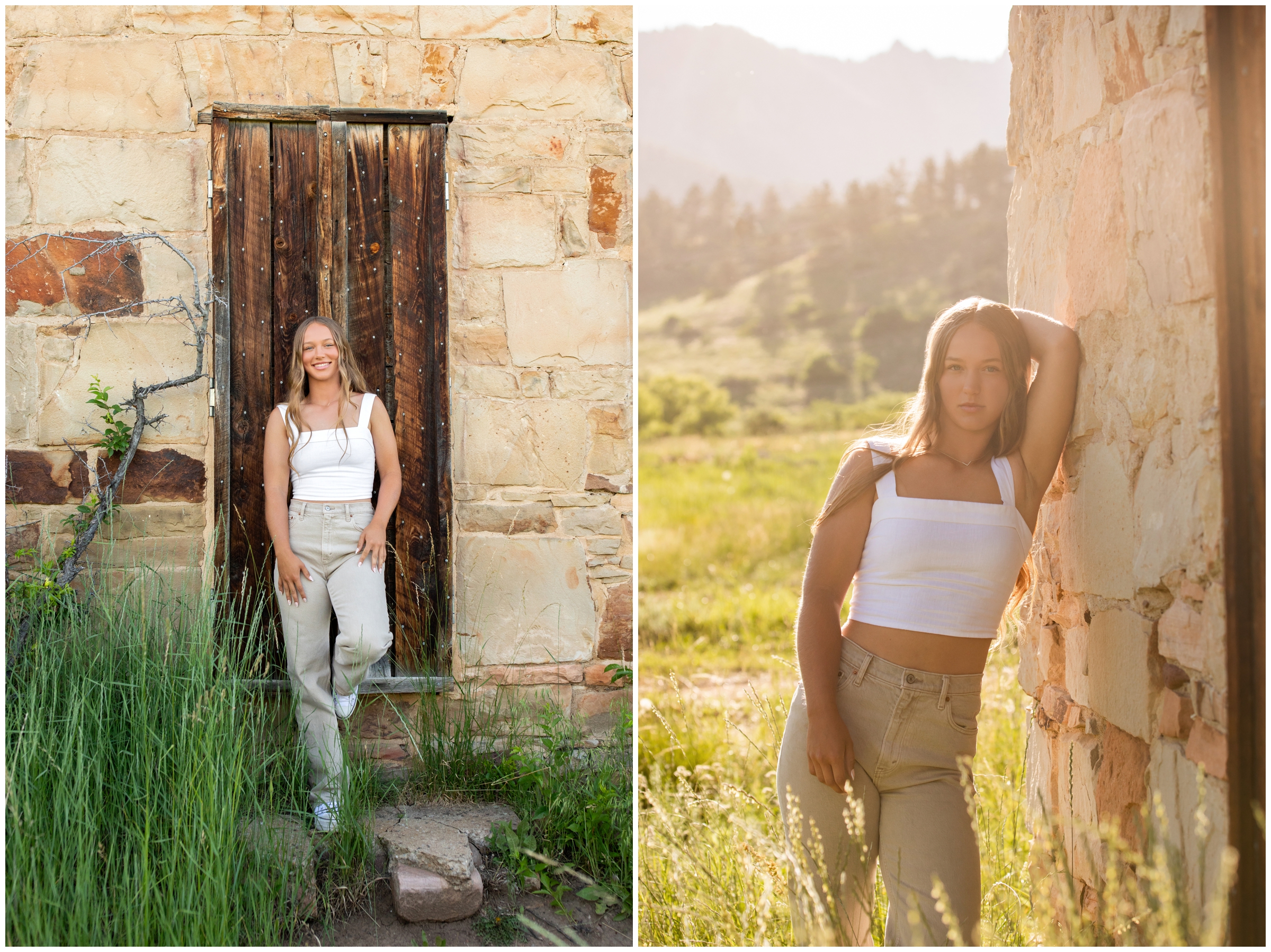 teen leaning against old stone building at South Mesa in Colorado