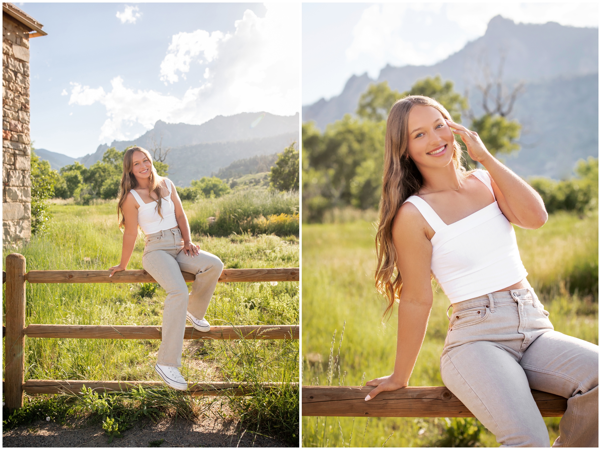 teen girl sitting on wooden fence with flatirons mountains in background during Boulder senior pictures at South Mesa