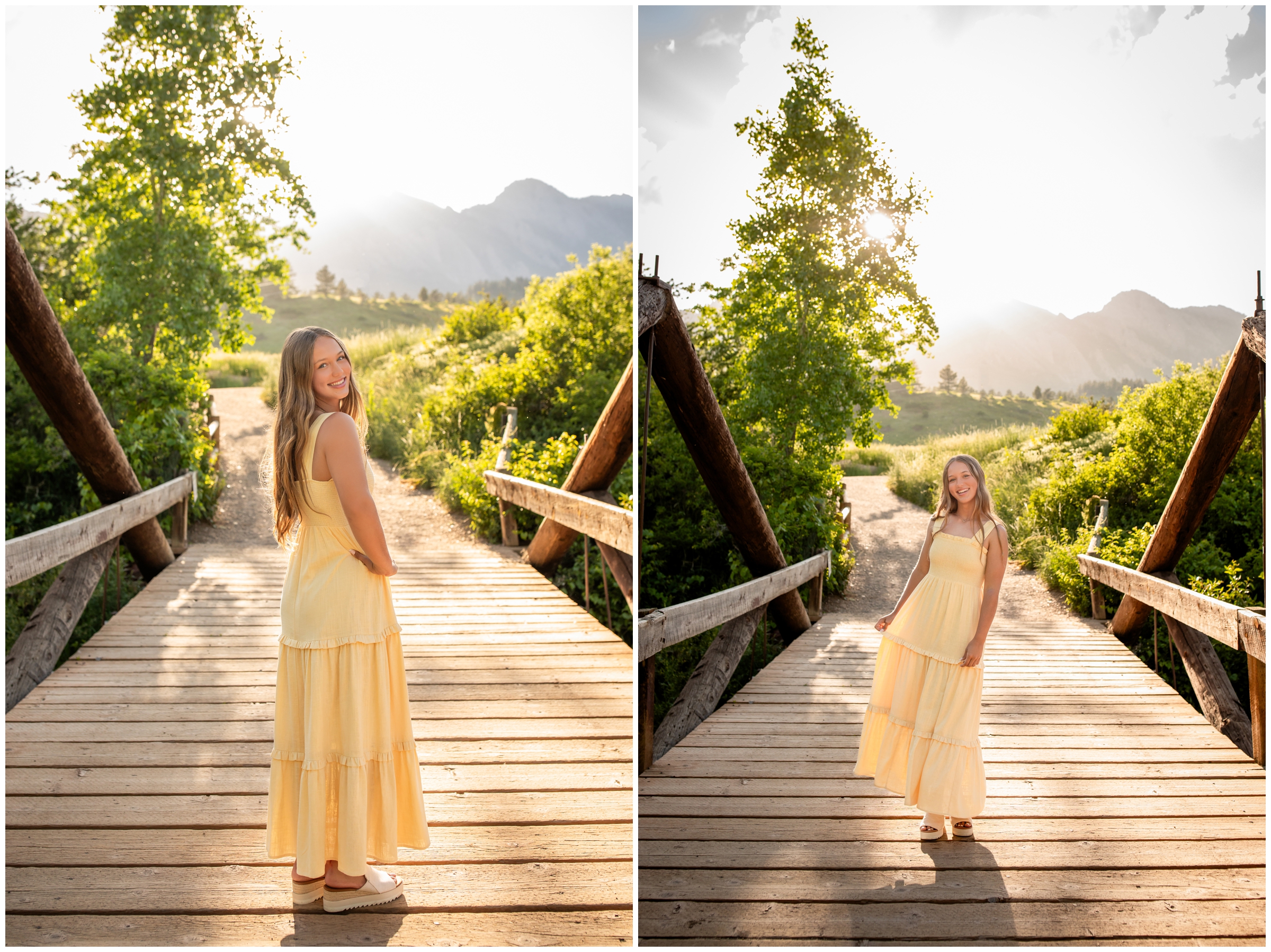 teen twirling in a yellow dress on wooden bridge at South Mesa Trail in Colorado 