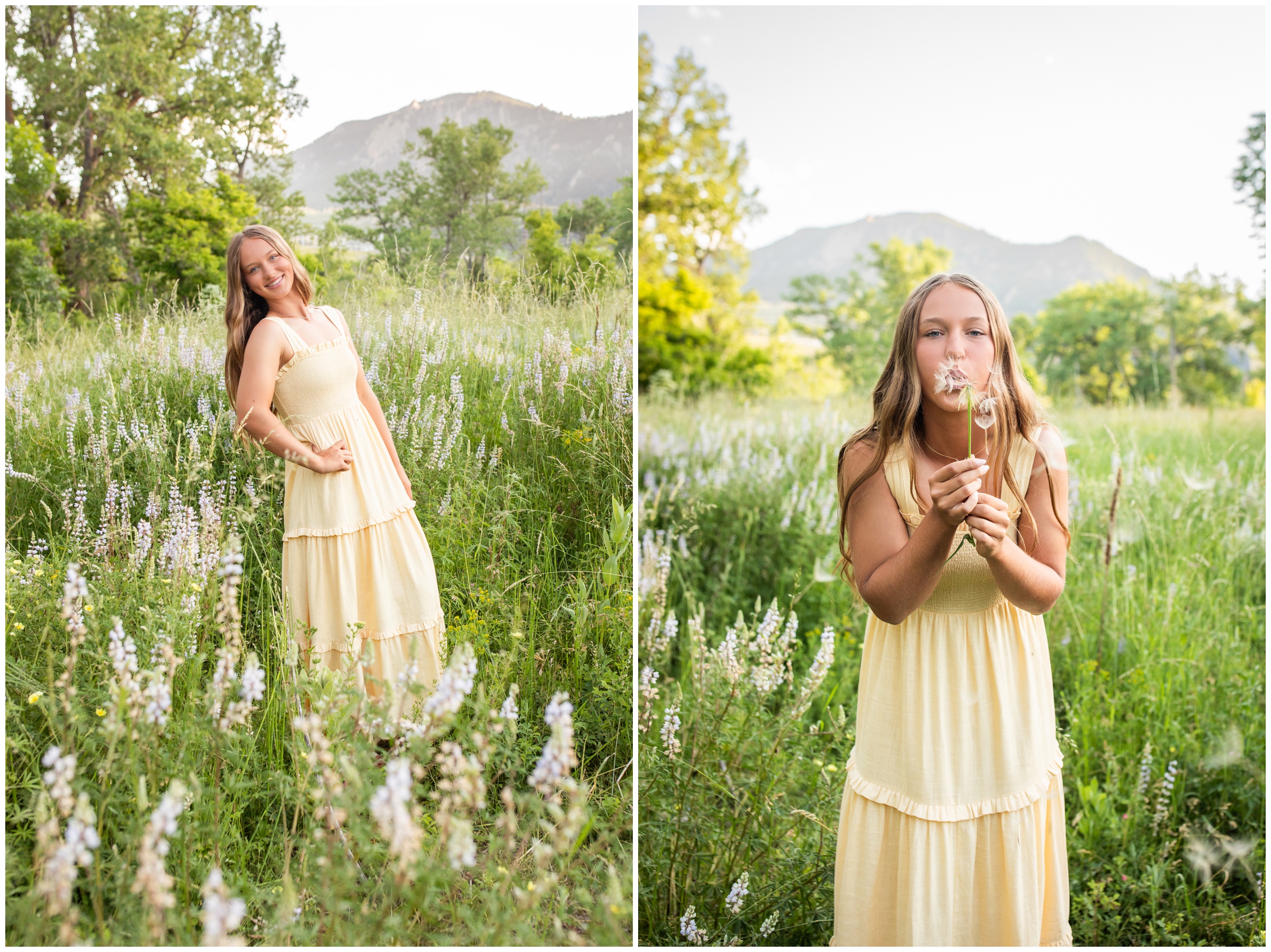 teen blowing on dandelion during Boulder CO senior photography session at South Mesa trail