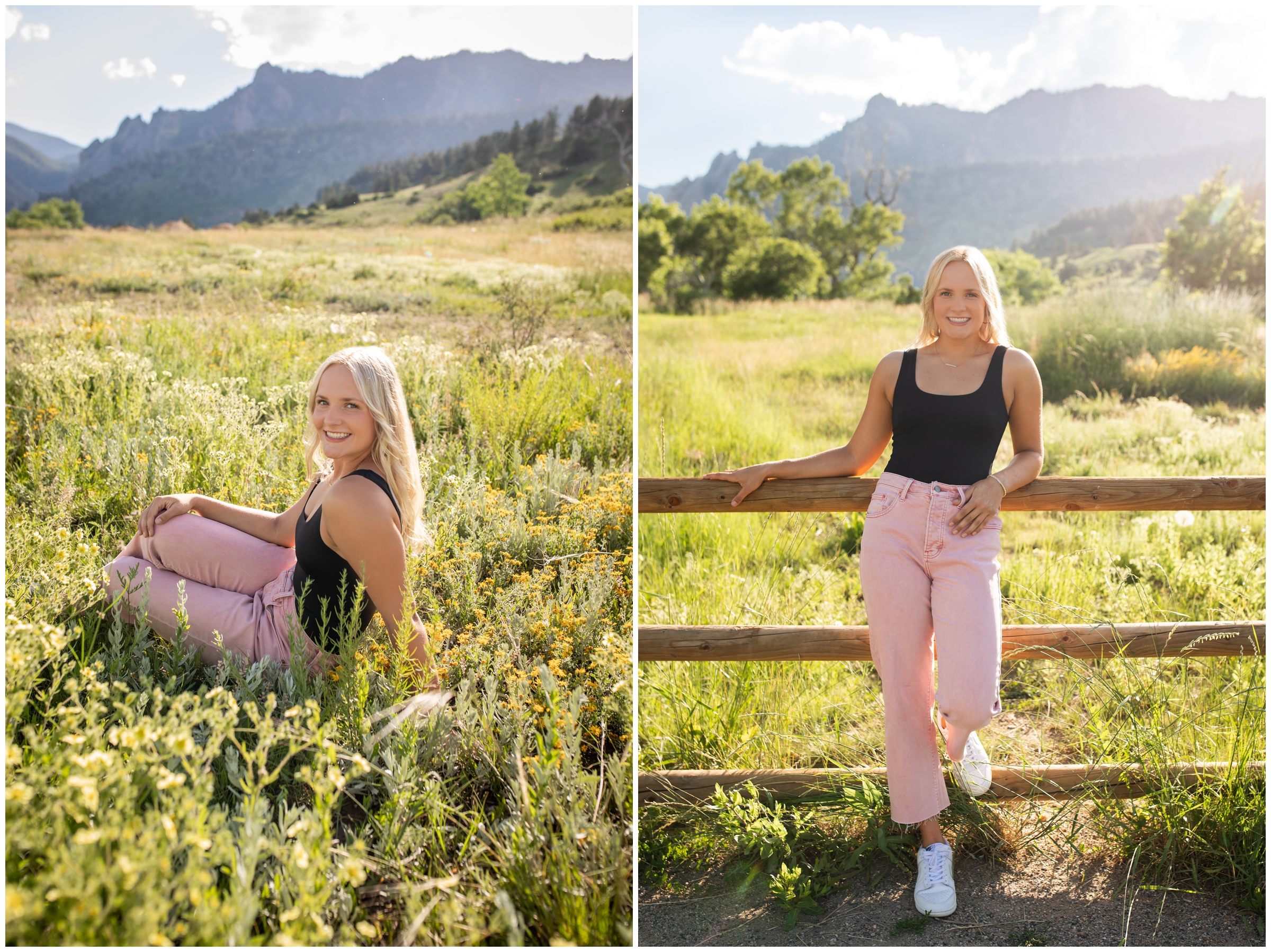 teen posing in a field during mountain senior pictures at South Mesa in Boulder Colorado 