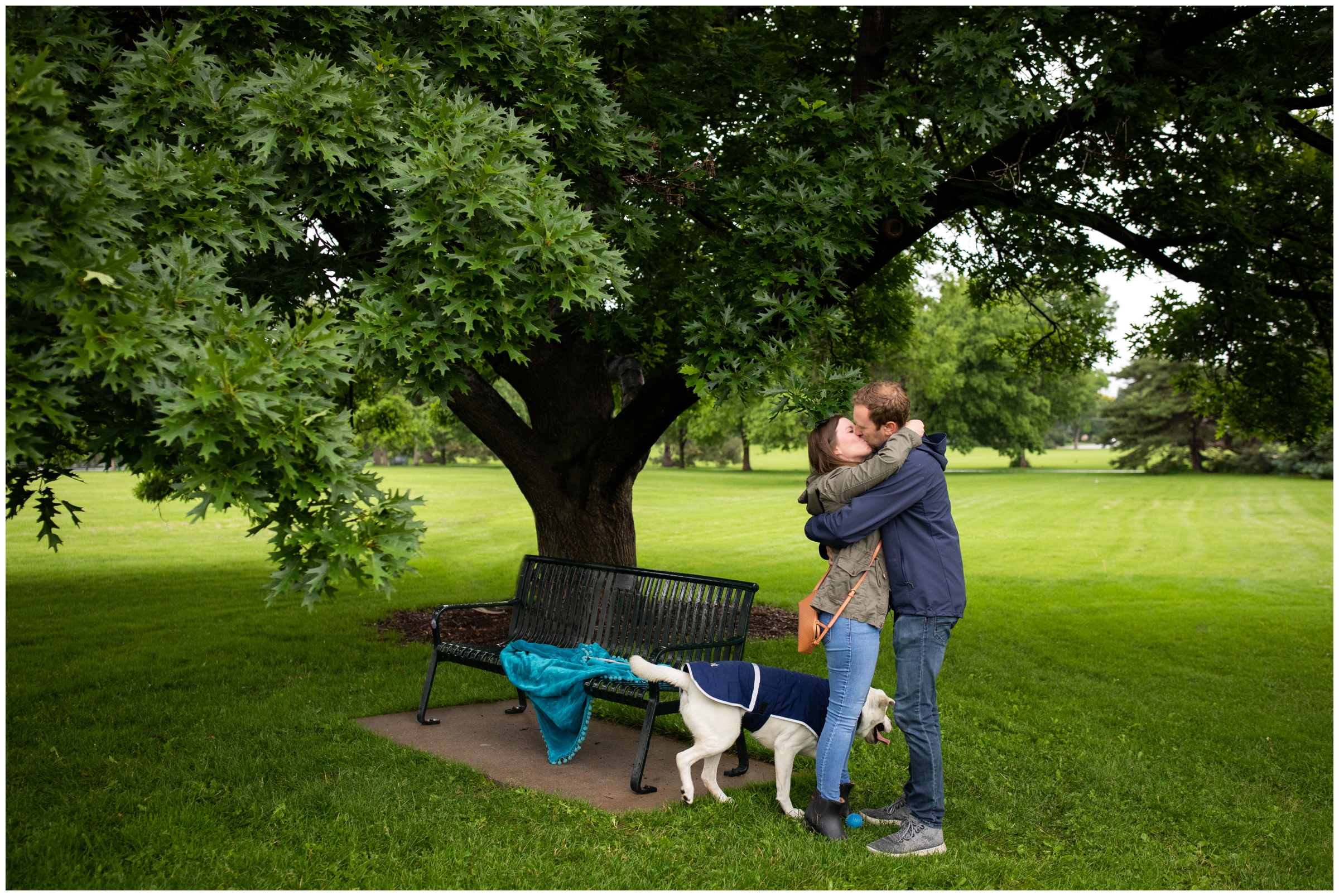 couple kissing under a tree during Denver proposal photography session in Cherry Creek 