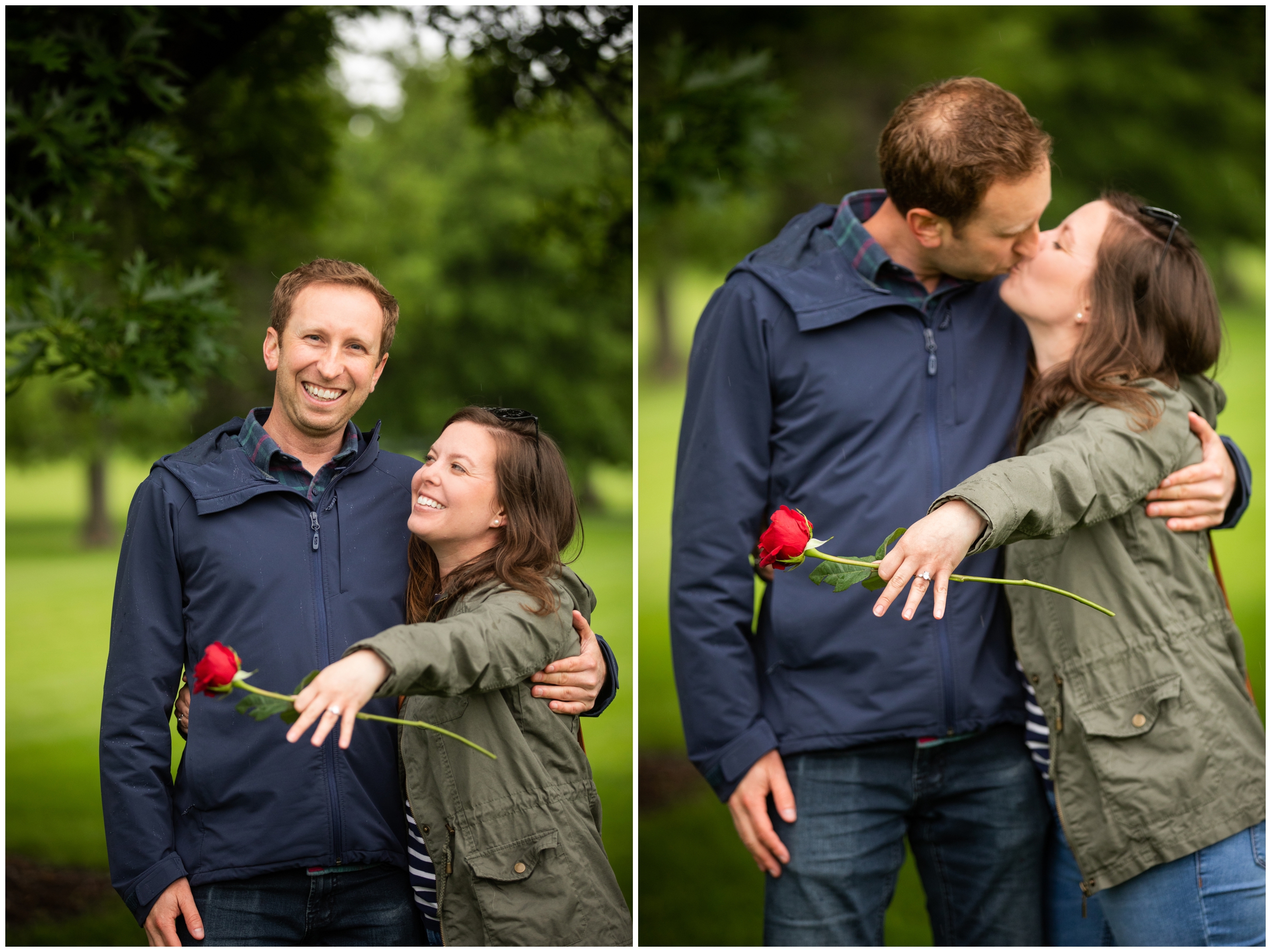 woman showing off engagement ring during Cherry Creek Denver proposal photos at Crestmoor Park 