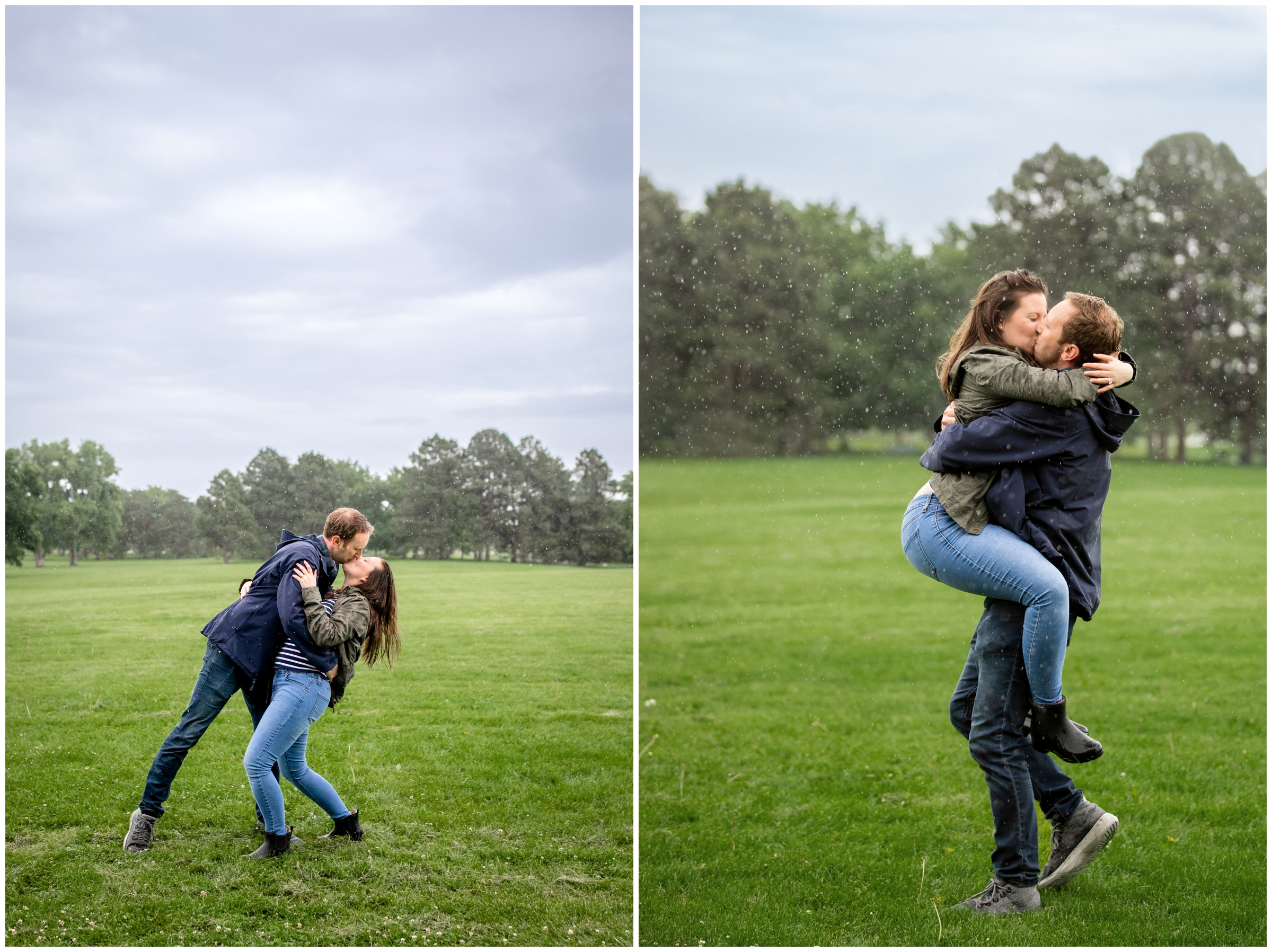romantic rainy proposal engagement pictures at Crestmoor Park in Denver Colorado 
