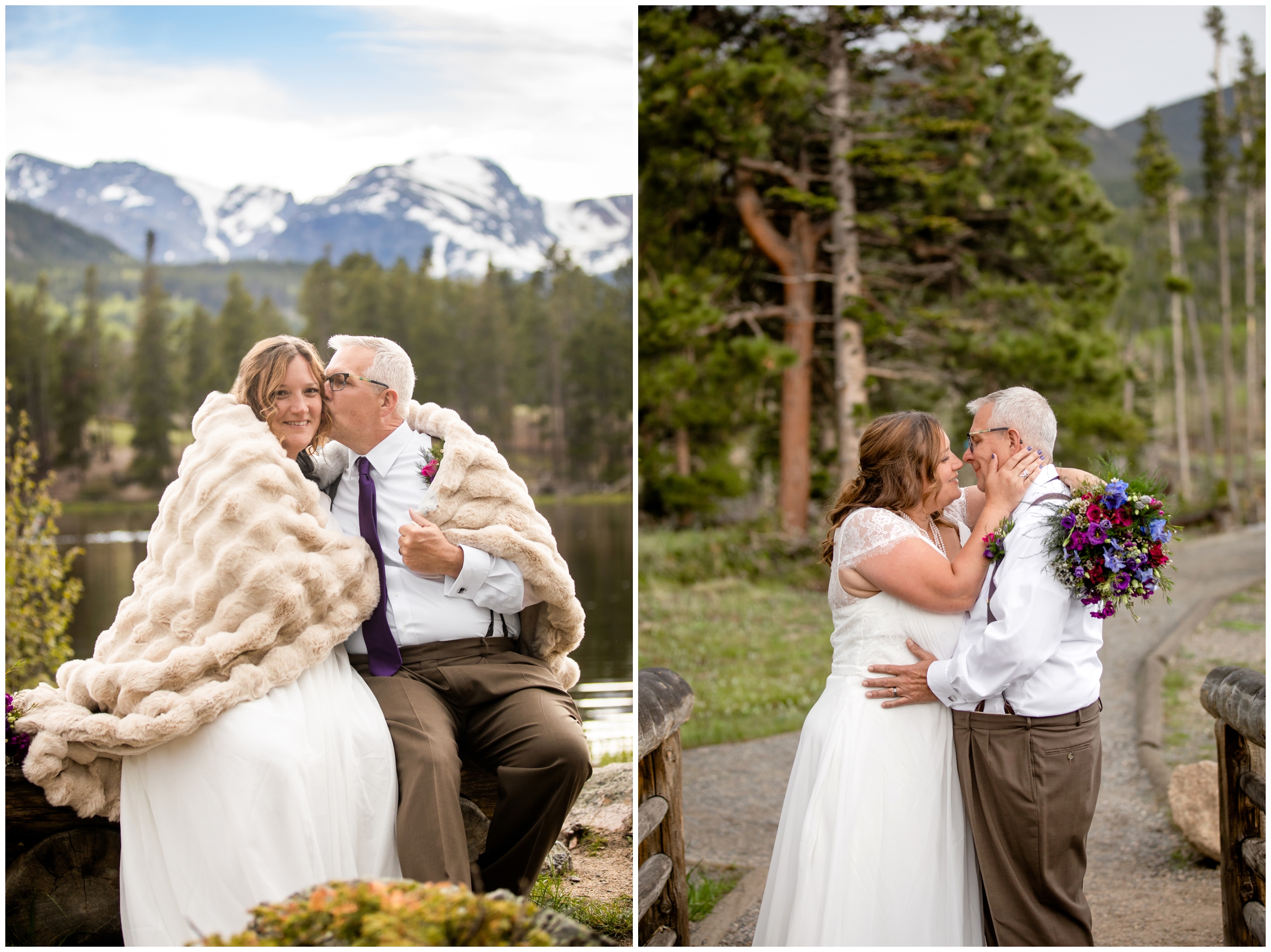 couple cuddling under a blanket during elopement wedding pictures at Sprague Lake in Estes Park Colorado 