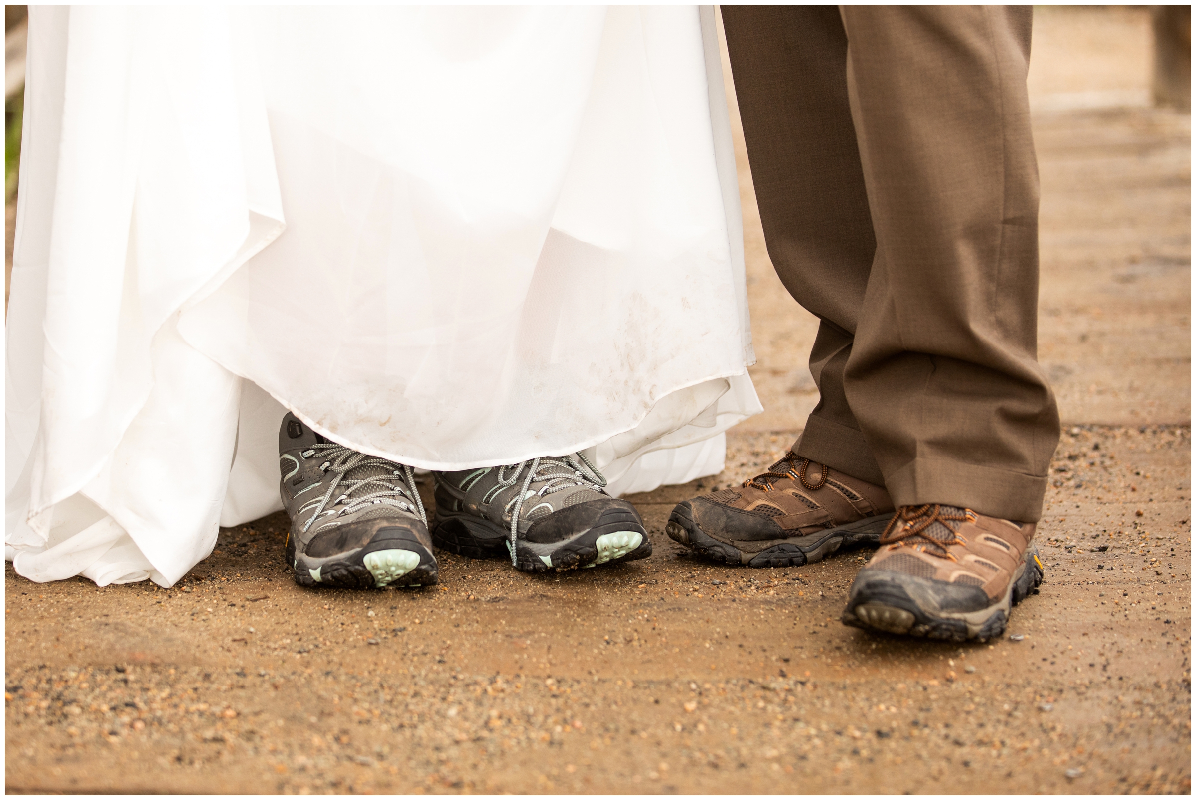 couple wearing hiking boots during Estes Park elopement wedding in RMNP