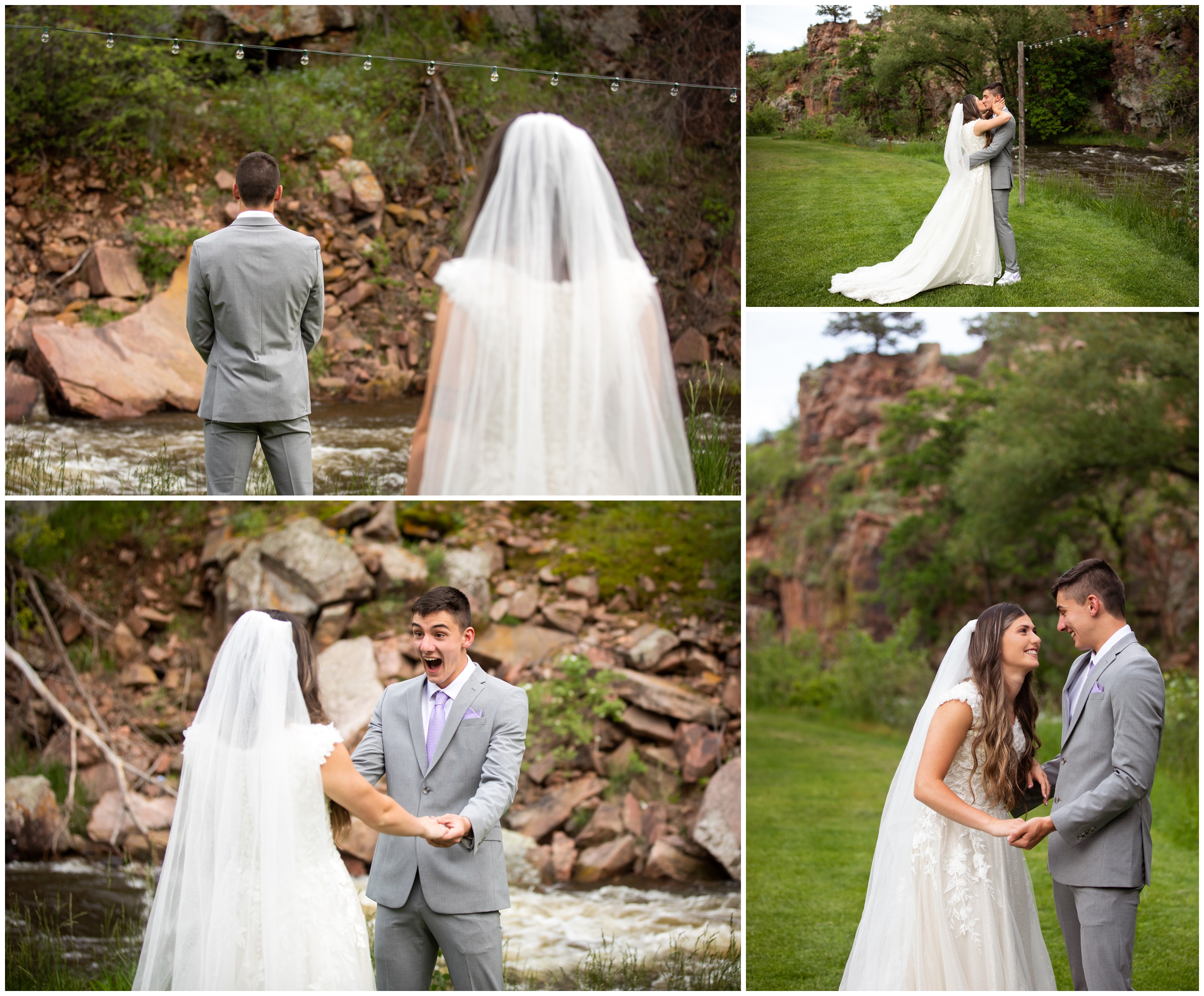 couple's first look before Lyons Farmette River Bend intimate wedding 