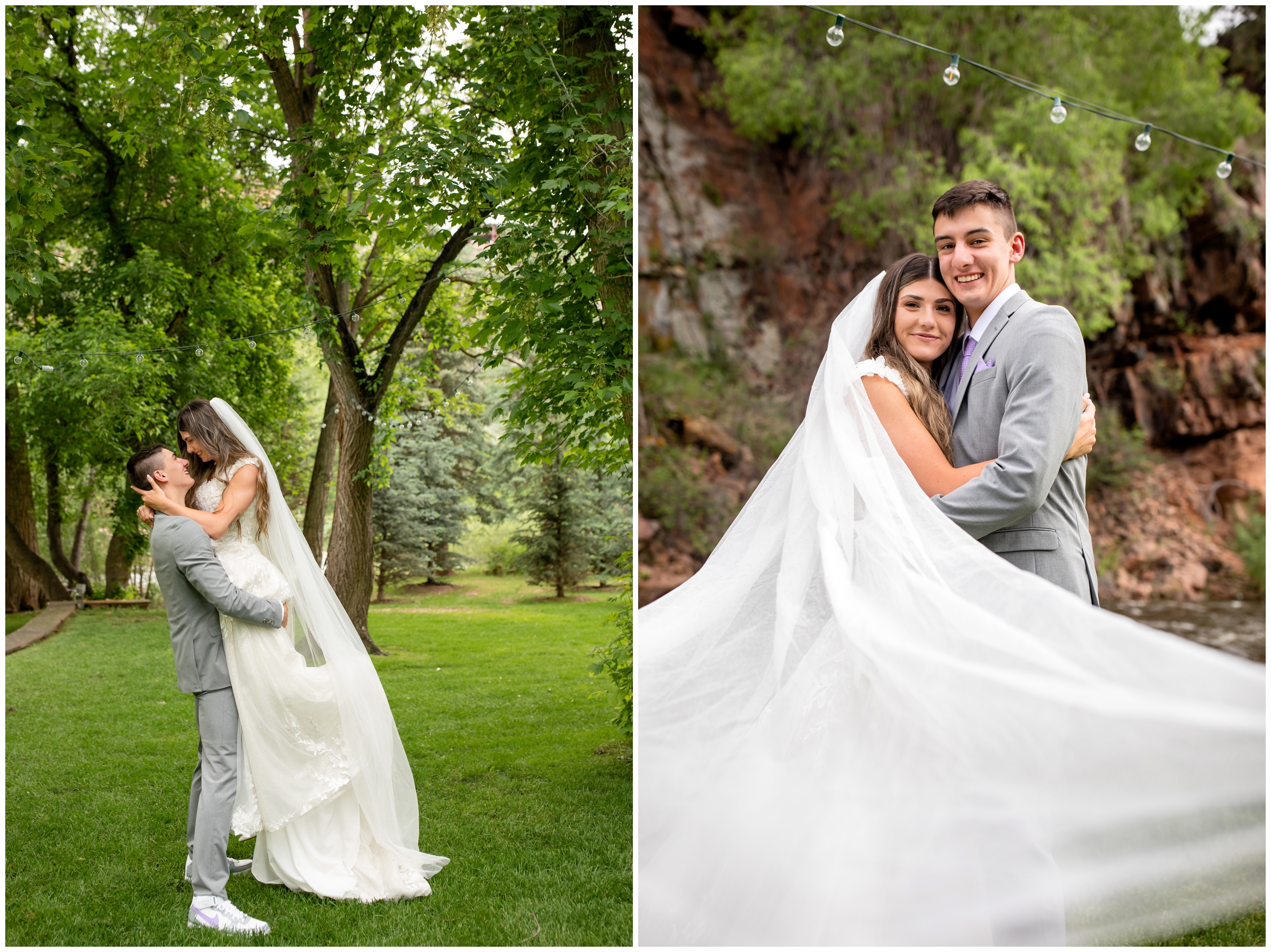 groom lifting bride into the air during Lyons Colorado wedding portraits at River Bend