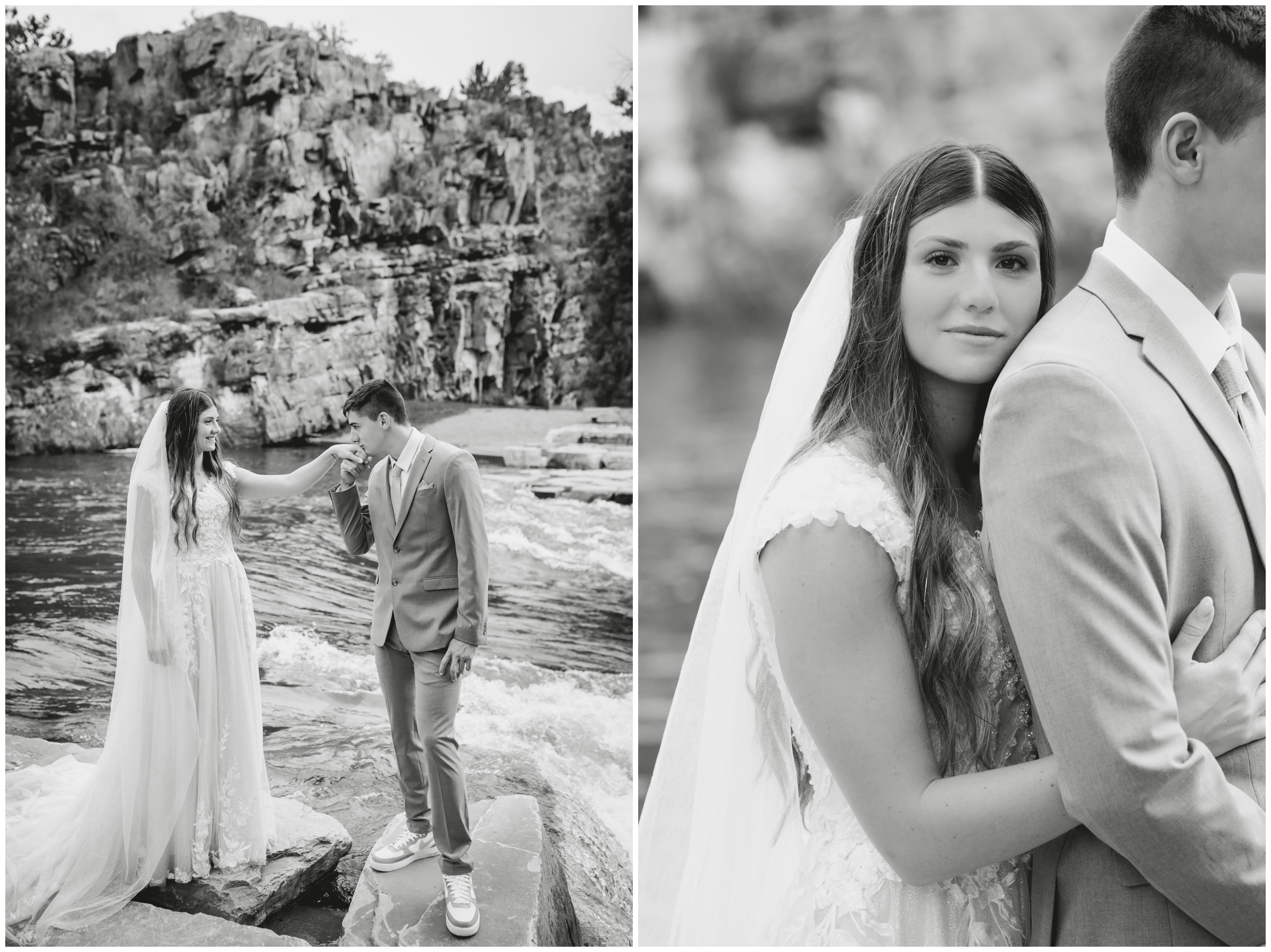 groom kissing bride's hand during elopement wedding pictures next to the river in Lyons Colorado