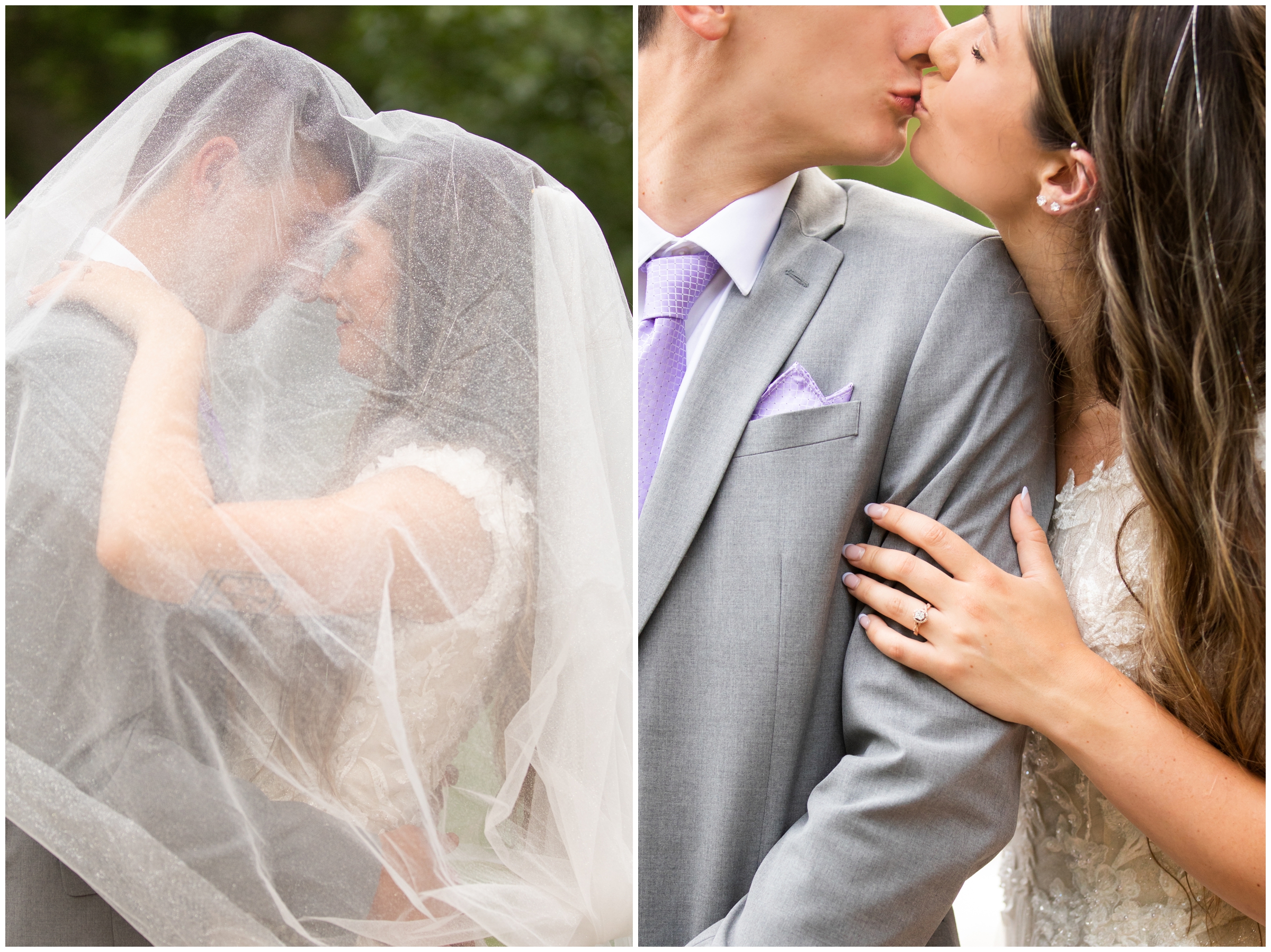 couple embracing under bride's veil during Lyons Colorado wedding pictures at River Bend