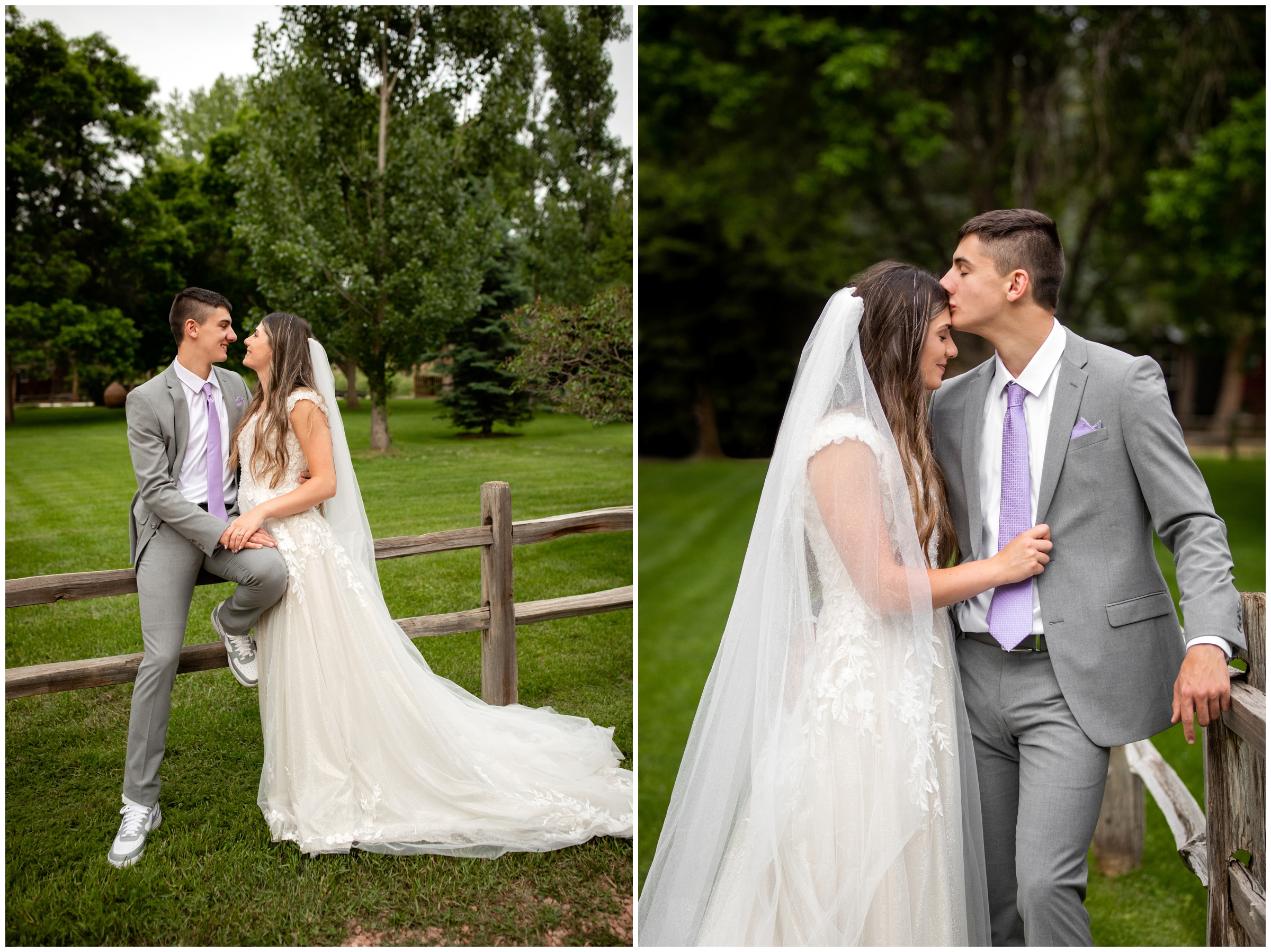 groom kissing bride's forehead during elopement wedding portraits at Lyons Farmette