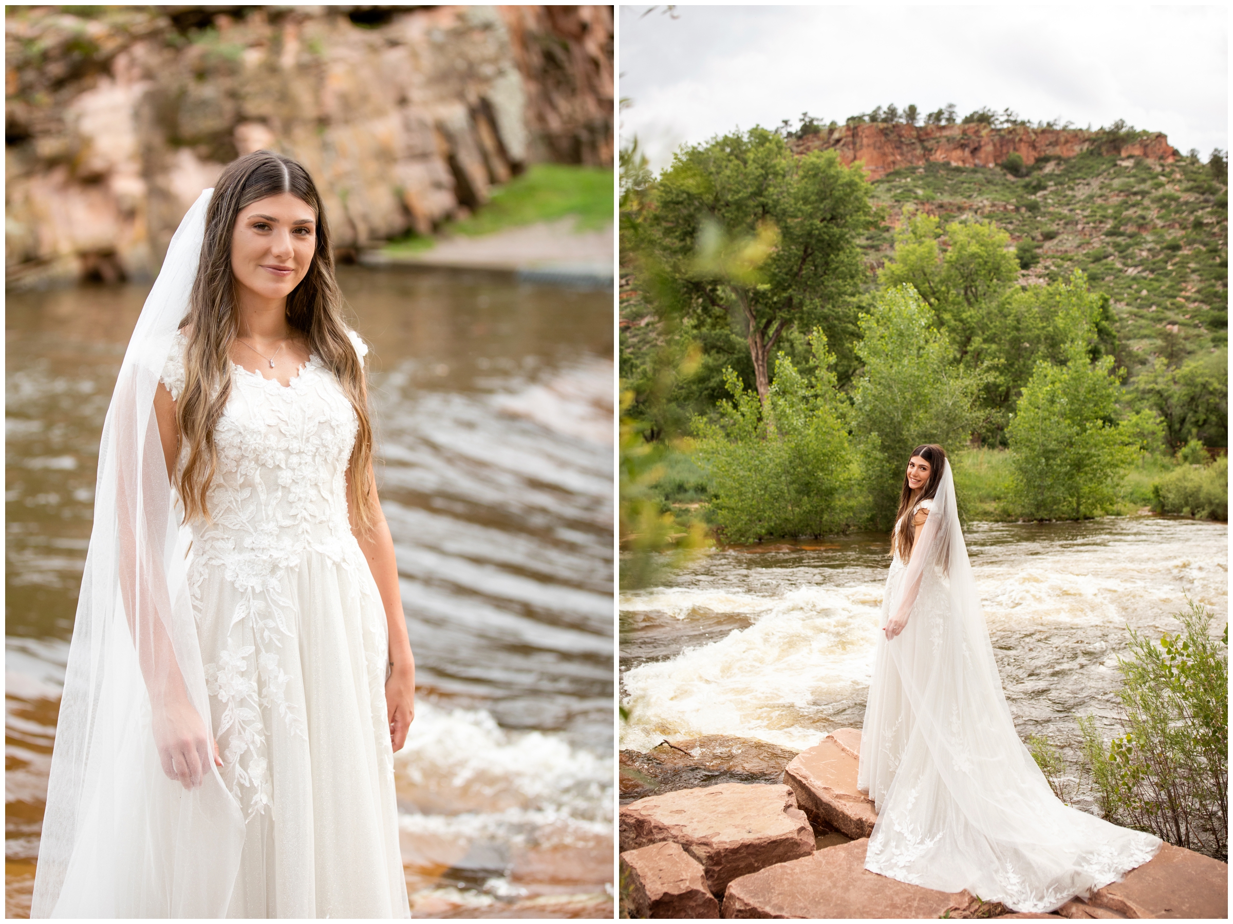 bride with long veil posing next to the river during Colorado elopement wedding pictures at River Bend