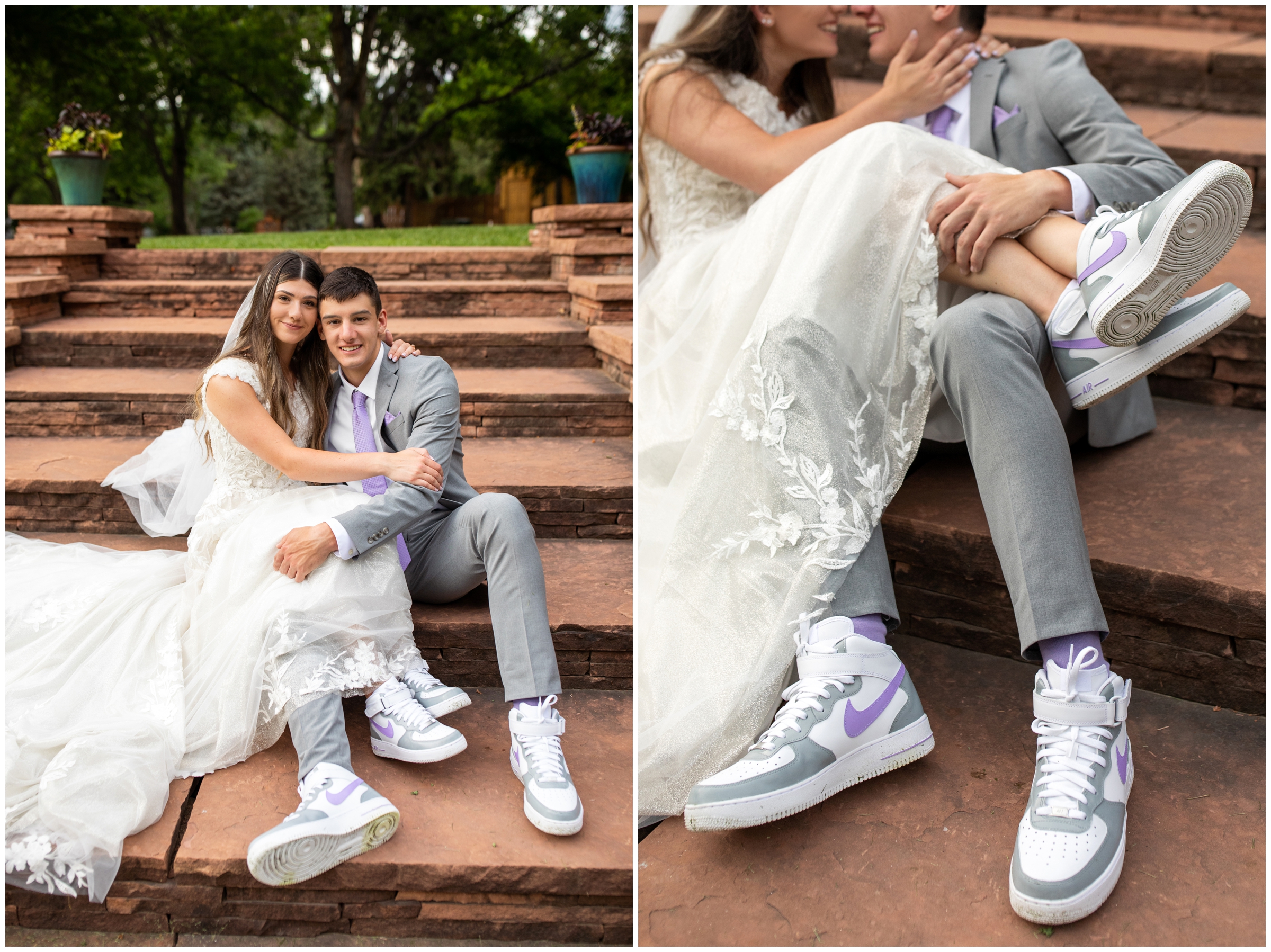 couple in matching nikes posing on staircase during Lyons Colorado River Bend wedding photography session 