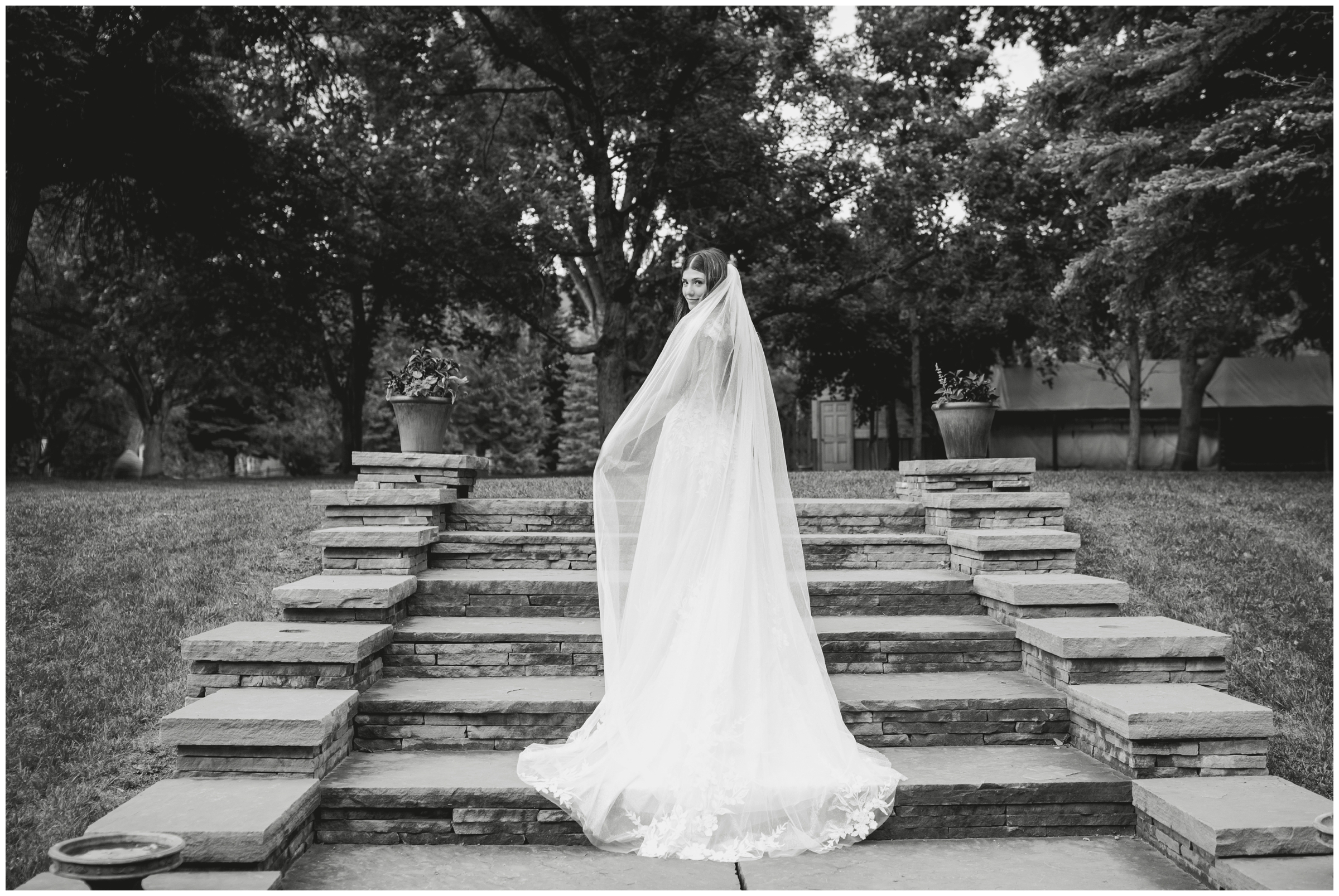 bride in a long veil posing on stone stairs during elopement wedding pictures at Lyons Farmette River Bend 