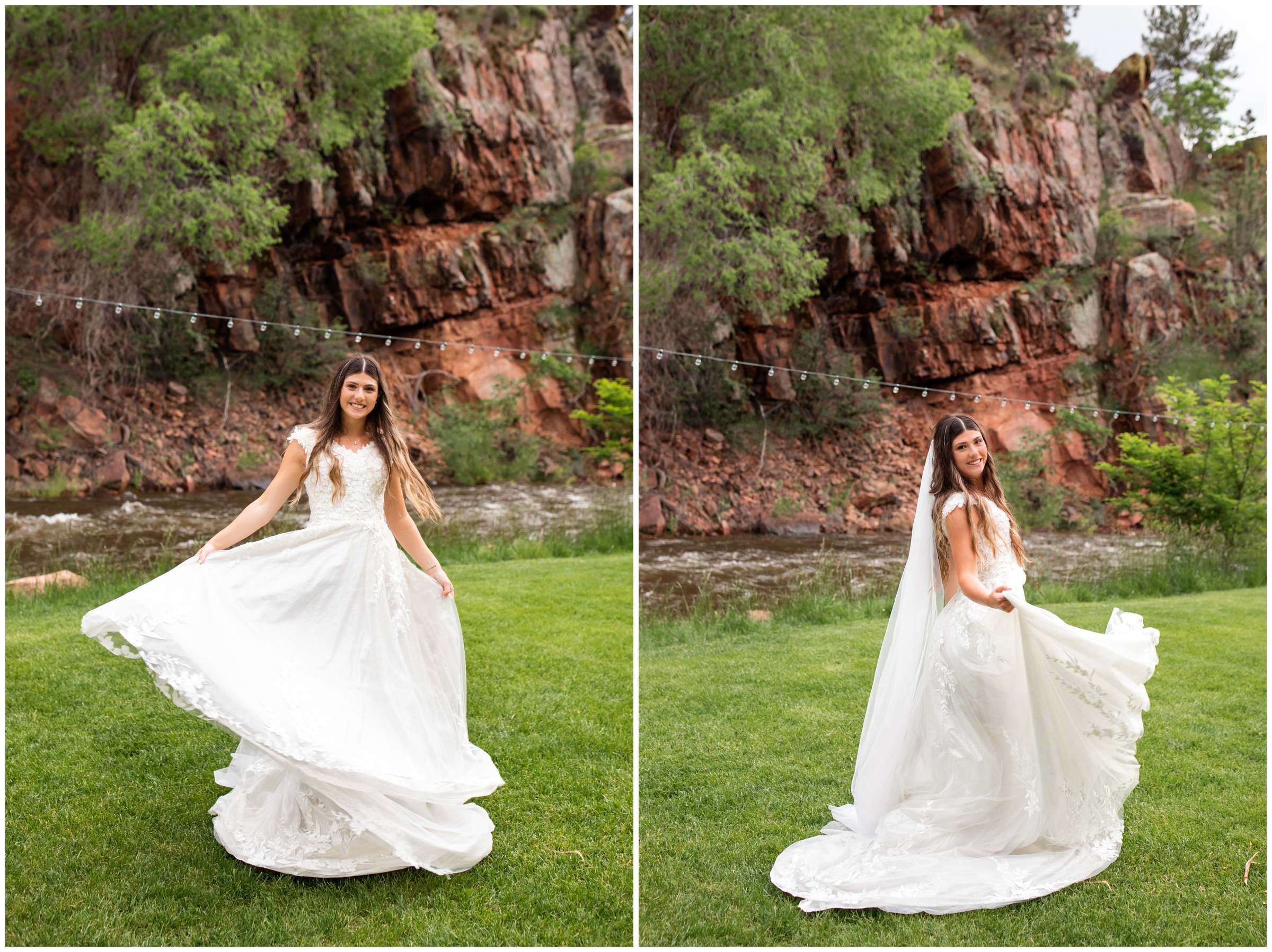 bride spinning in her dress next to the river at the River Bend Colorado during summer wedding portraits 