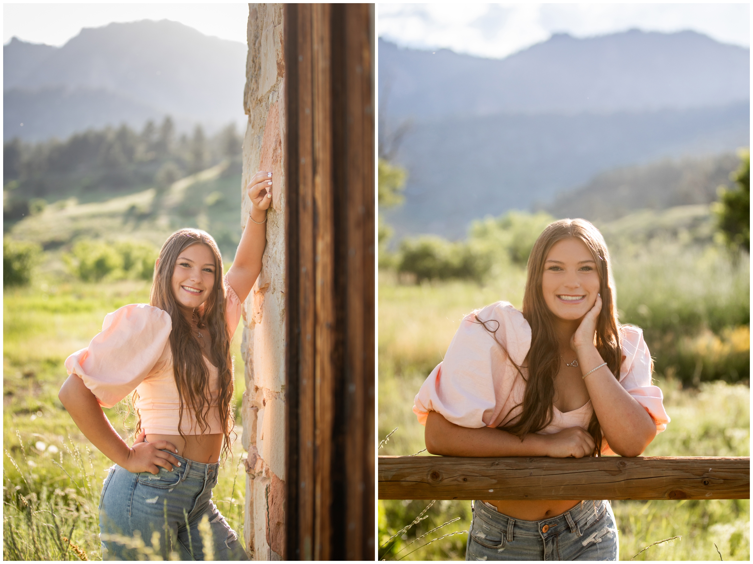 teen leaning against rustic wood wall during Boulder senior portraits at South Mesa Trail 