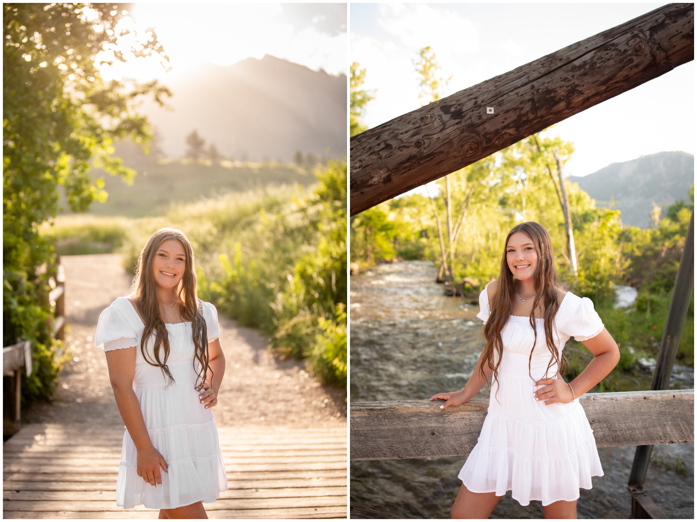 teen posing on wooden bridge at South Mesa Trail during Boulder Colorado senior portrait photography session 