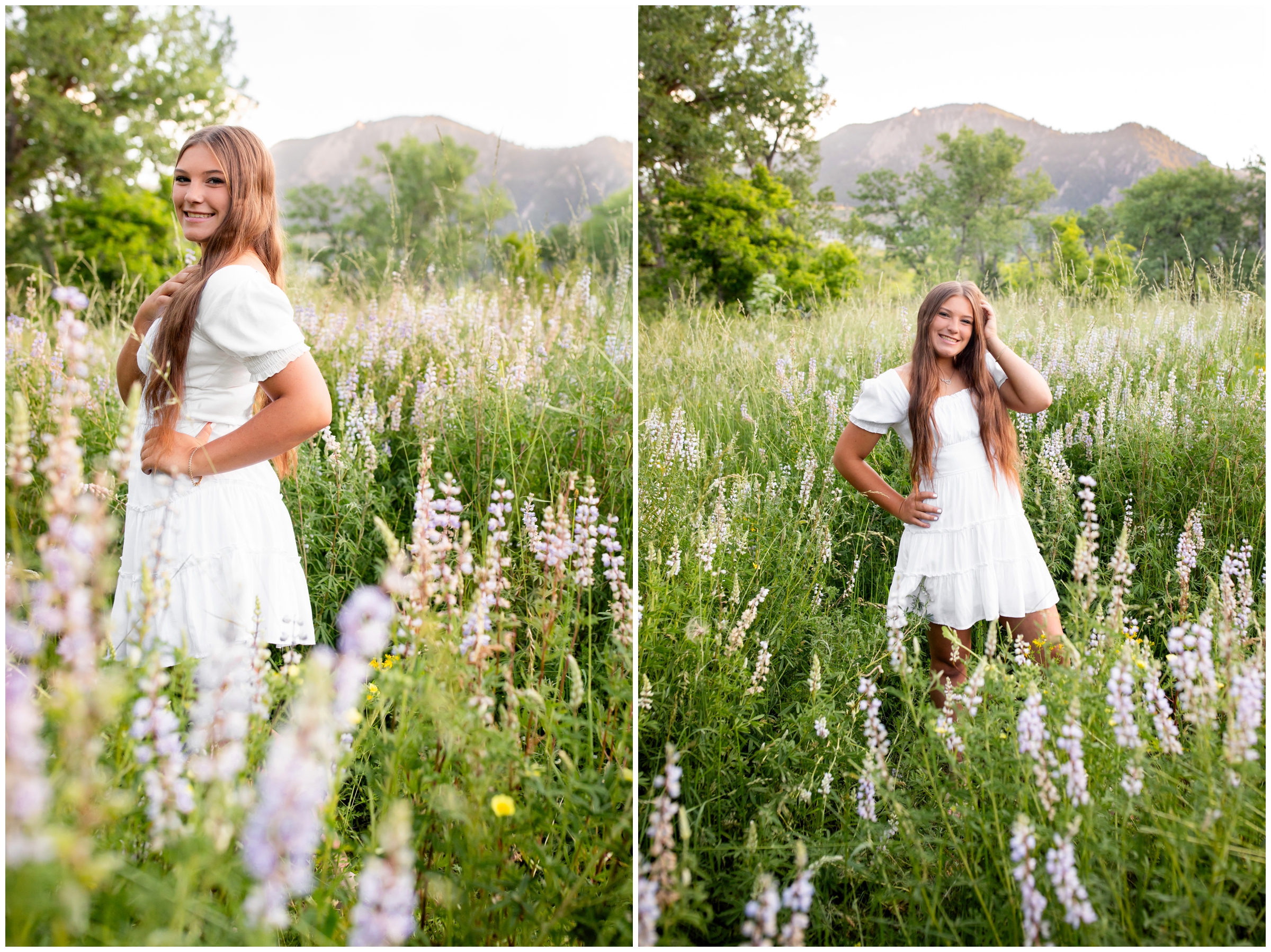 teen posing in wildflower field during Boulder senior photos at South mesa Colorado 