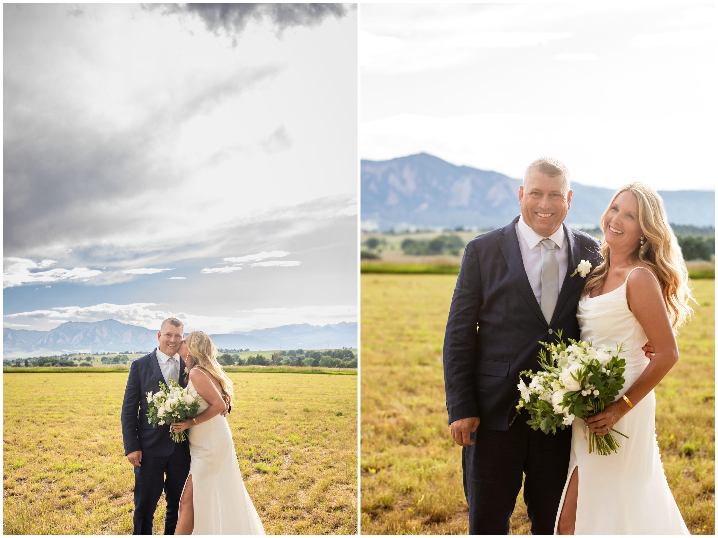 couple cuddling in open field during Boulder Colorado summer wedding portraits at a private residence