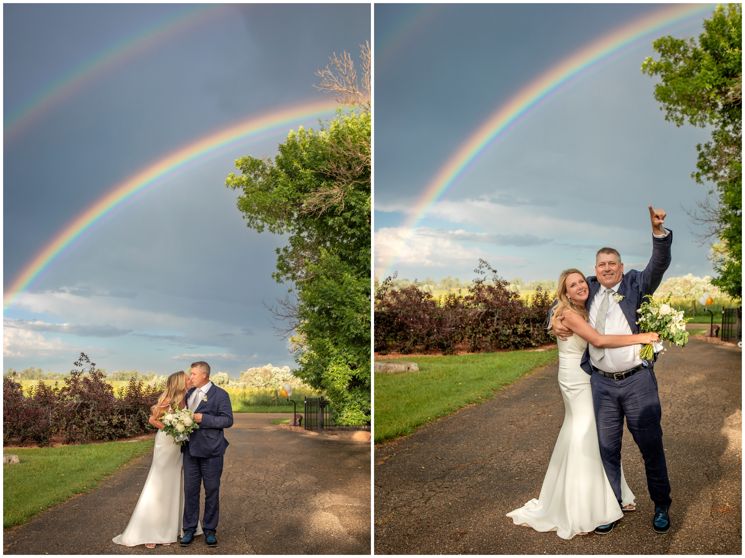 couple kissing under a double rainbow during Boulder summer wedding photos by Plum Pretty photography 