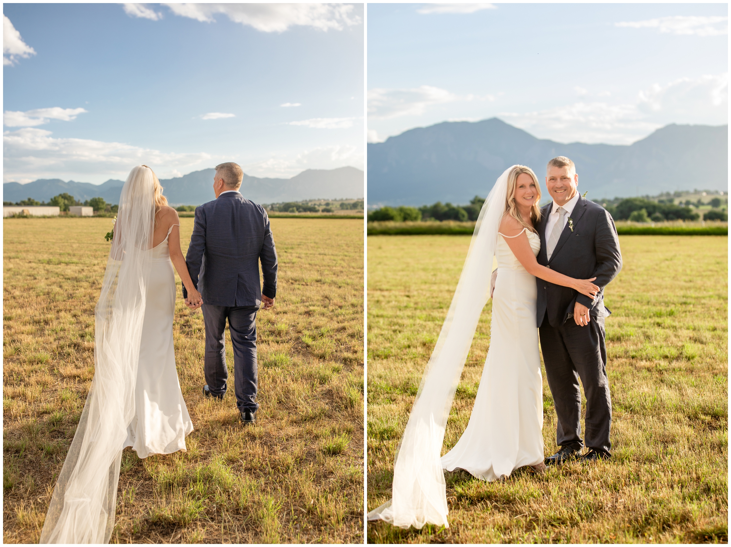 couple walking through a mountain field during their sunny Boulder summer wedding portraits 