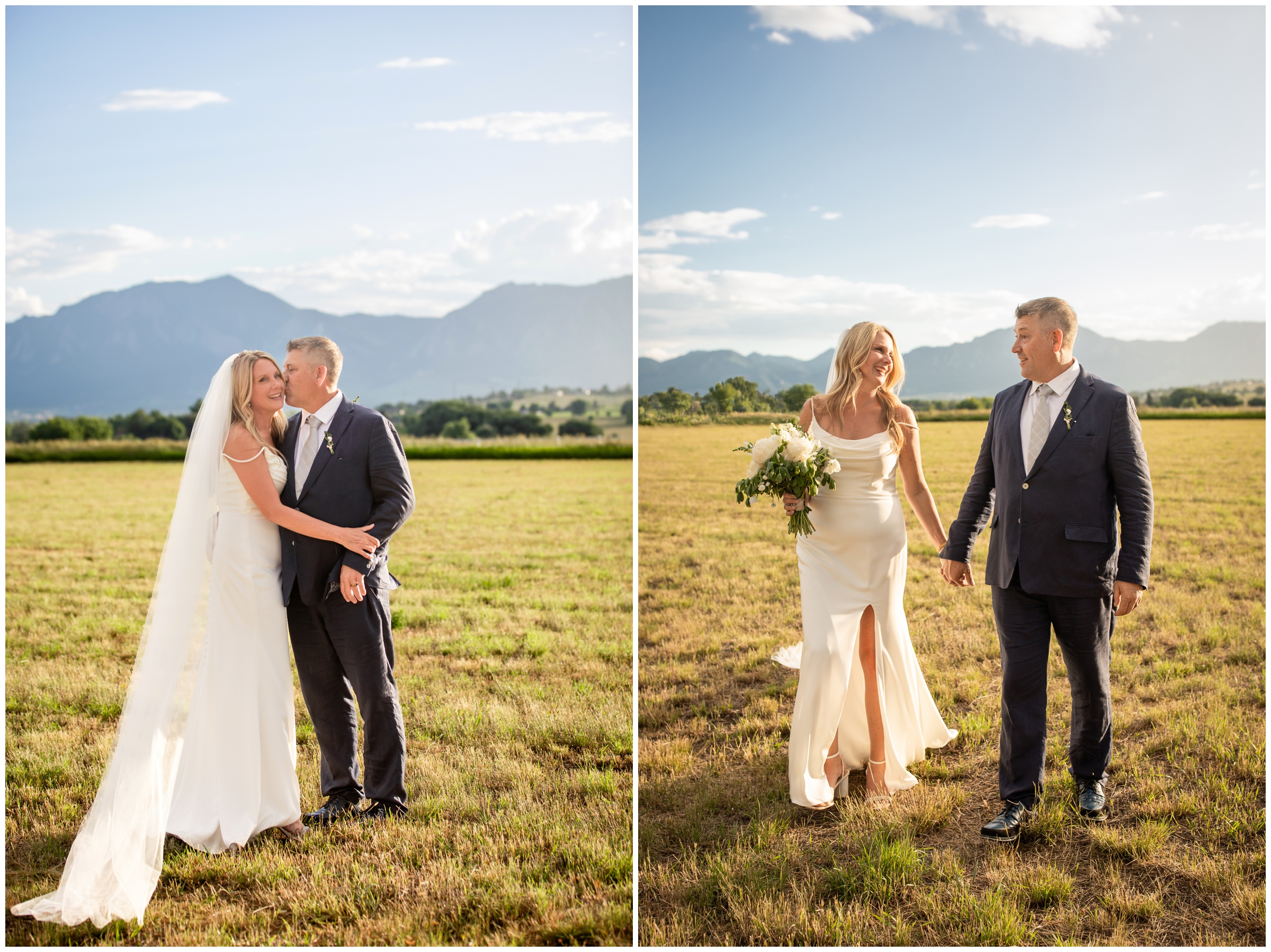 couple walking through mountain field during Boulder summer wedding photos at a private residence by Colorado photographer Plum Pretty Photography