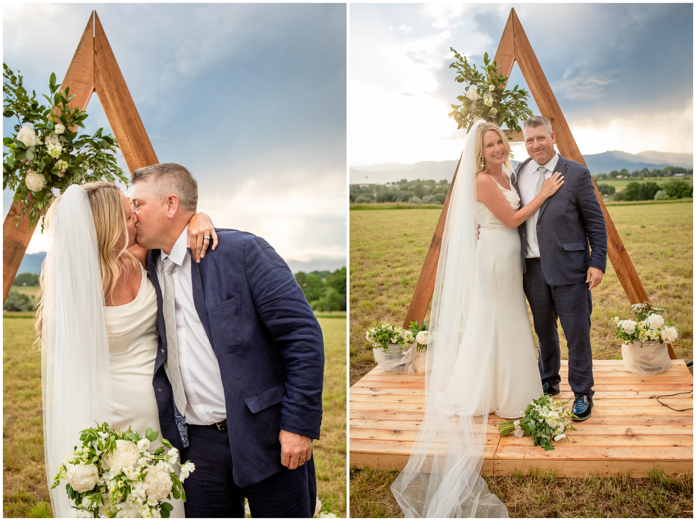 couple kissing in front of ceremony arbor during Boulder Colorado backyard wedding photos during summer