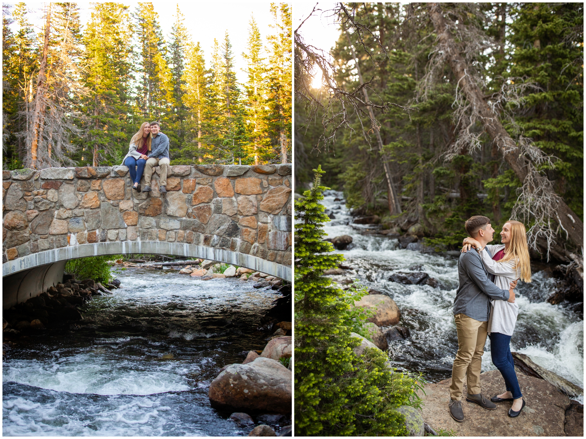 couple sitting on a stone bridge during Colorado mountain engagement photos at Brainard Lake