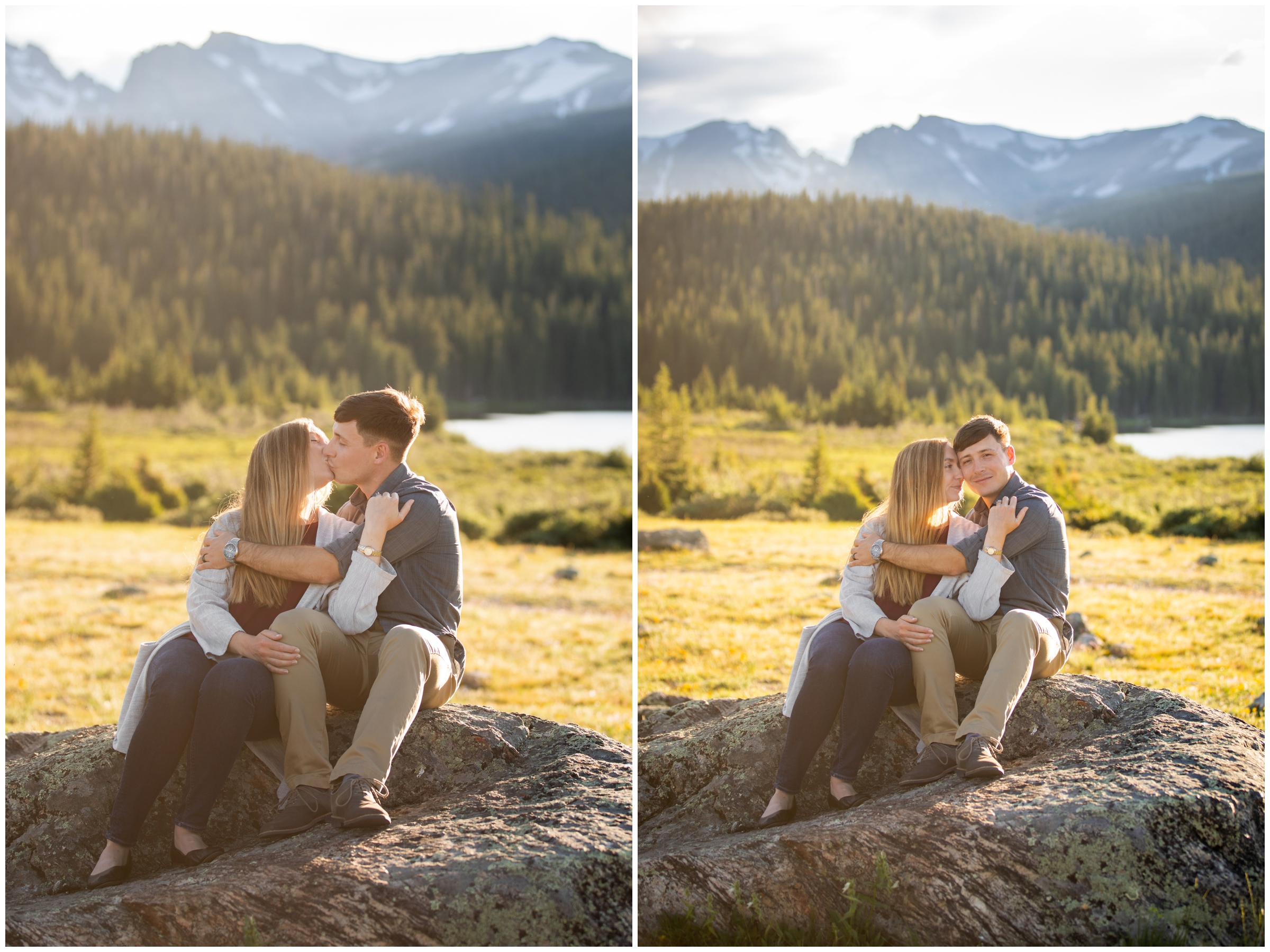 couple cuddling on rock with mountains in background during Colorado summer engagement photos at Brainard Lake
