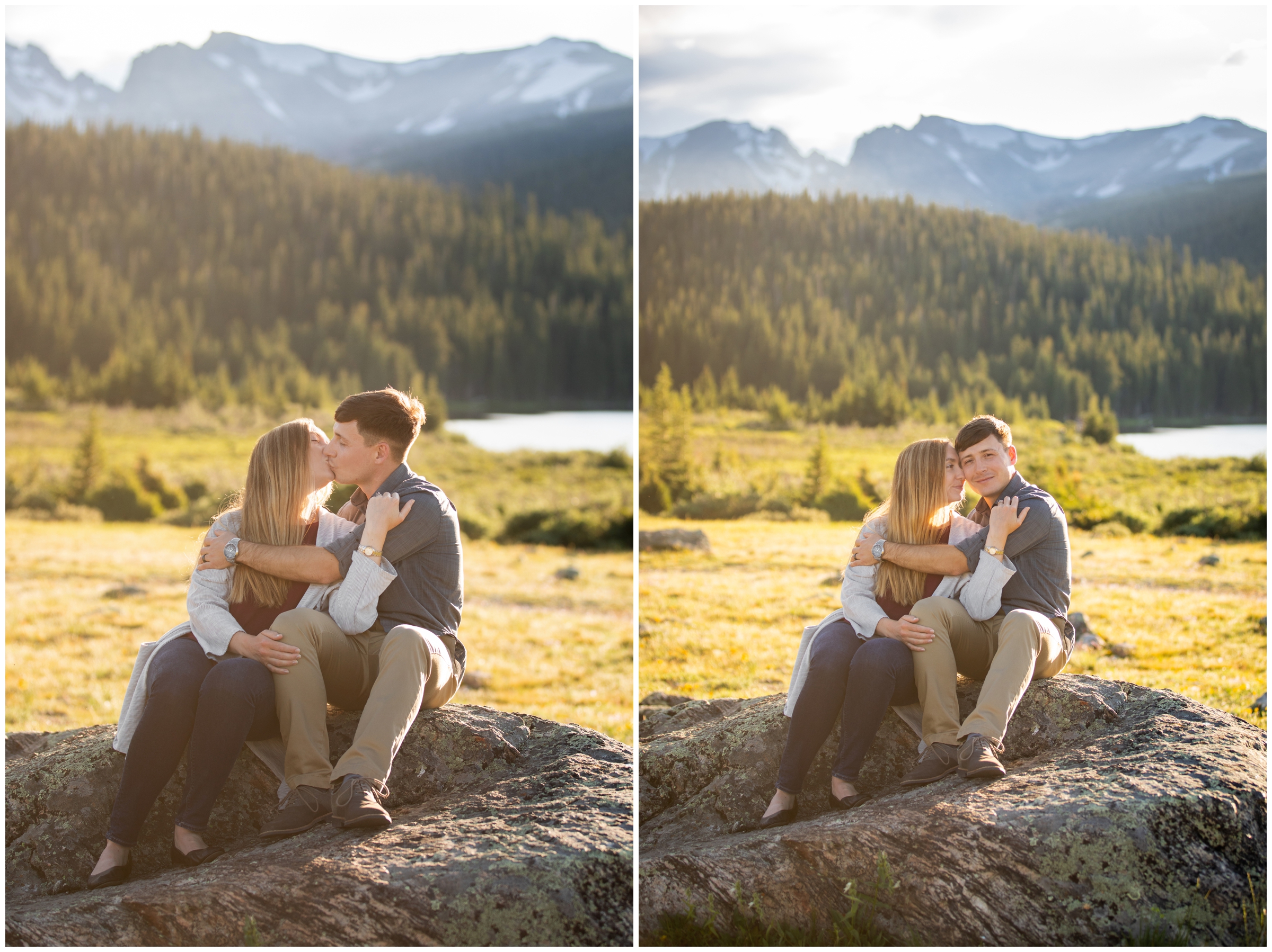 couple cuddling on rock with mountains in background during Colorado summer engagement photos at Brainard Lake 