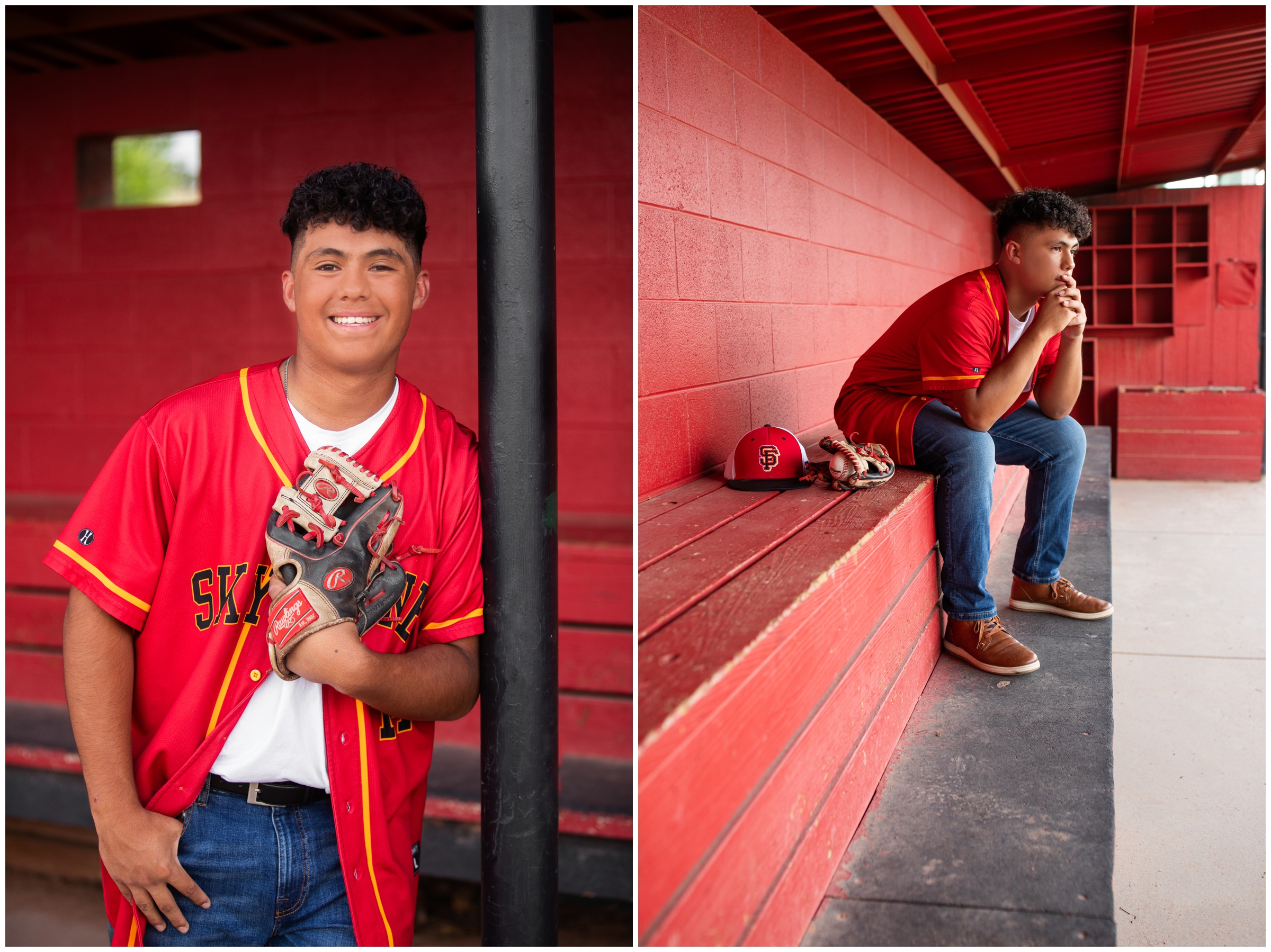 teen guy sitting in dugout during baseball senior pictures at Skyline High School in Longmont Colorado