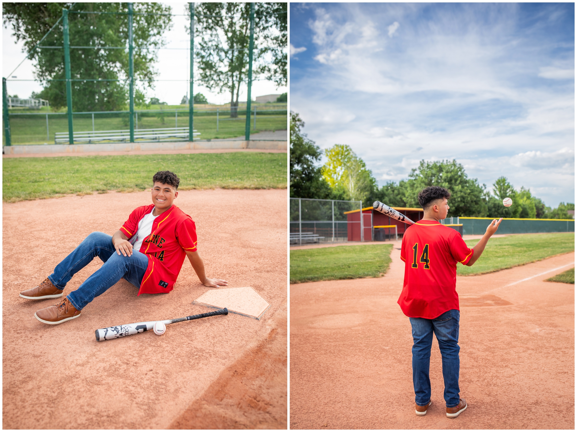 teen guy posing by home plate during baseball senior pictures at Skyline High School in Colorado