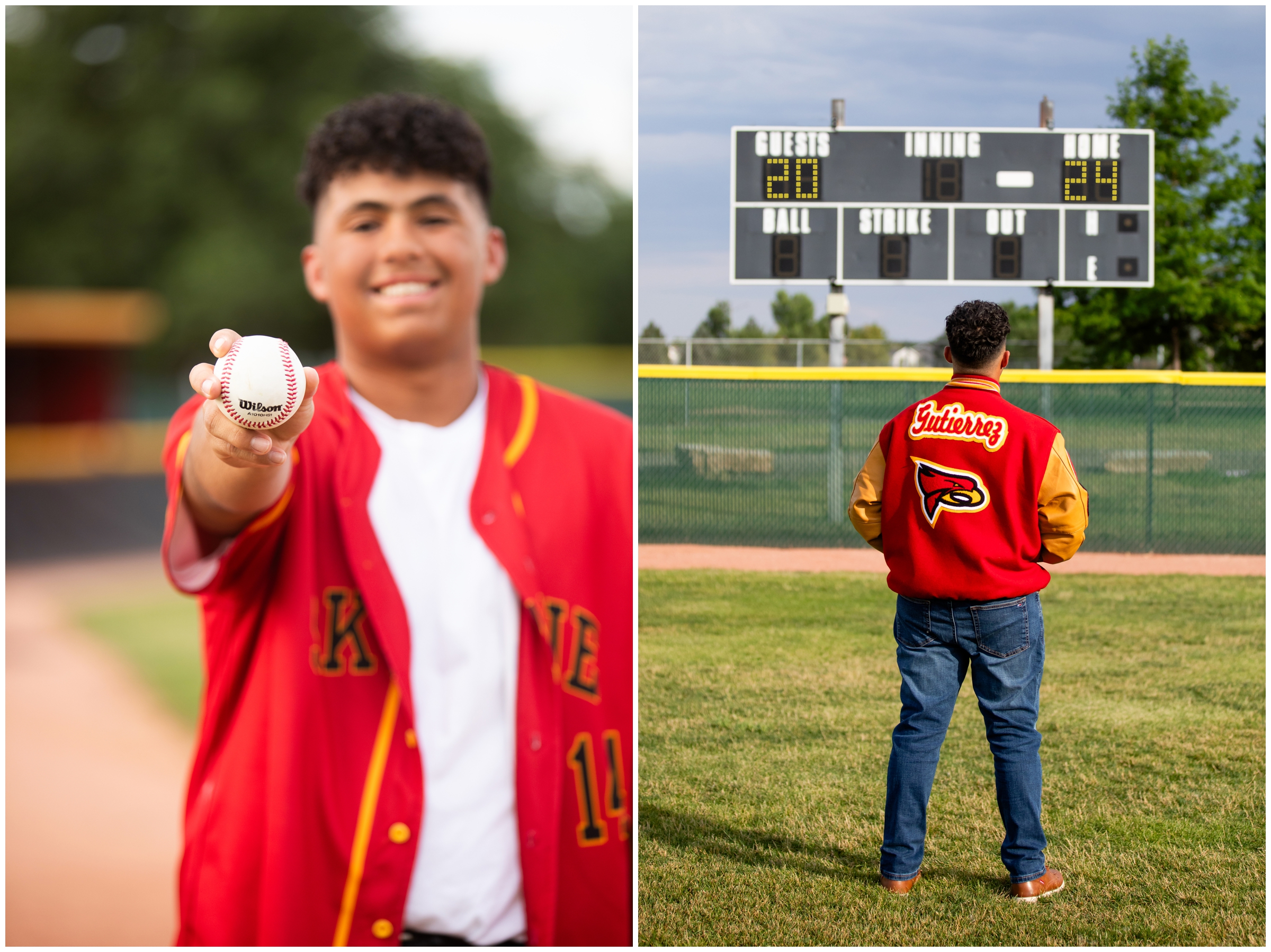 teen guy posing in front of scoreboard during baseball senior pictures at Skyline High school in Longmont 