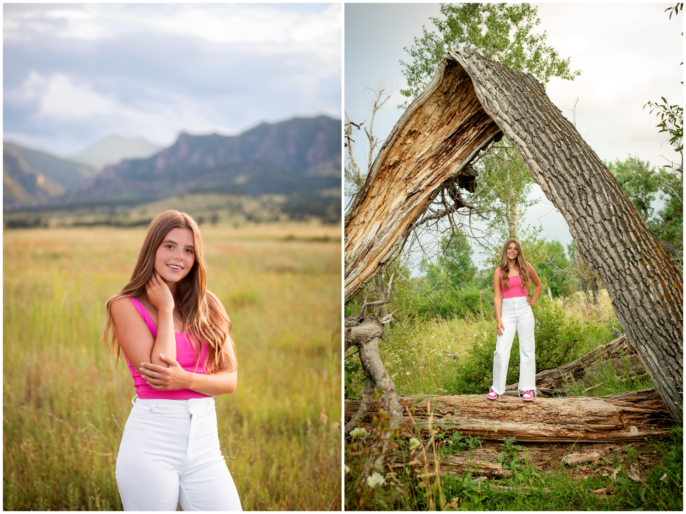 unique senior photos under a tree arch during Boulder Colorado senior portraits 