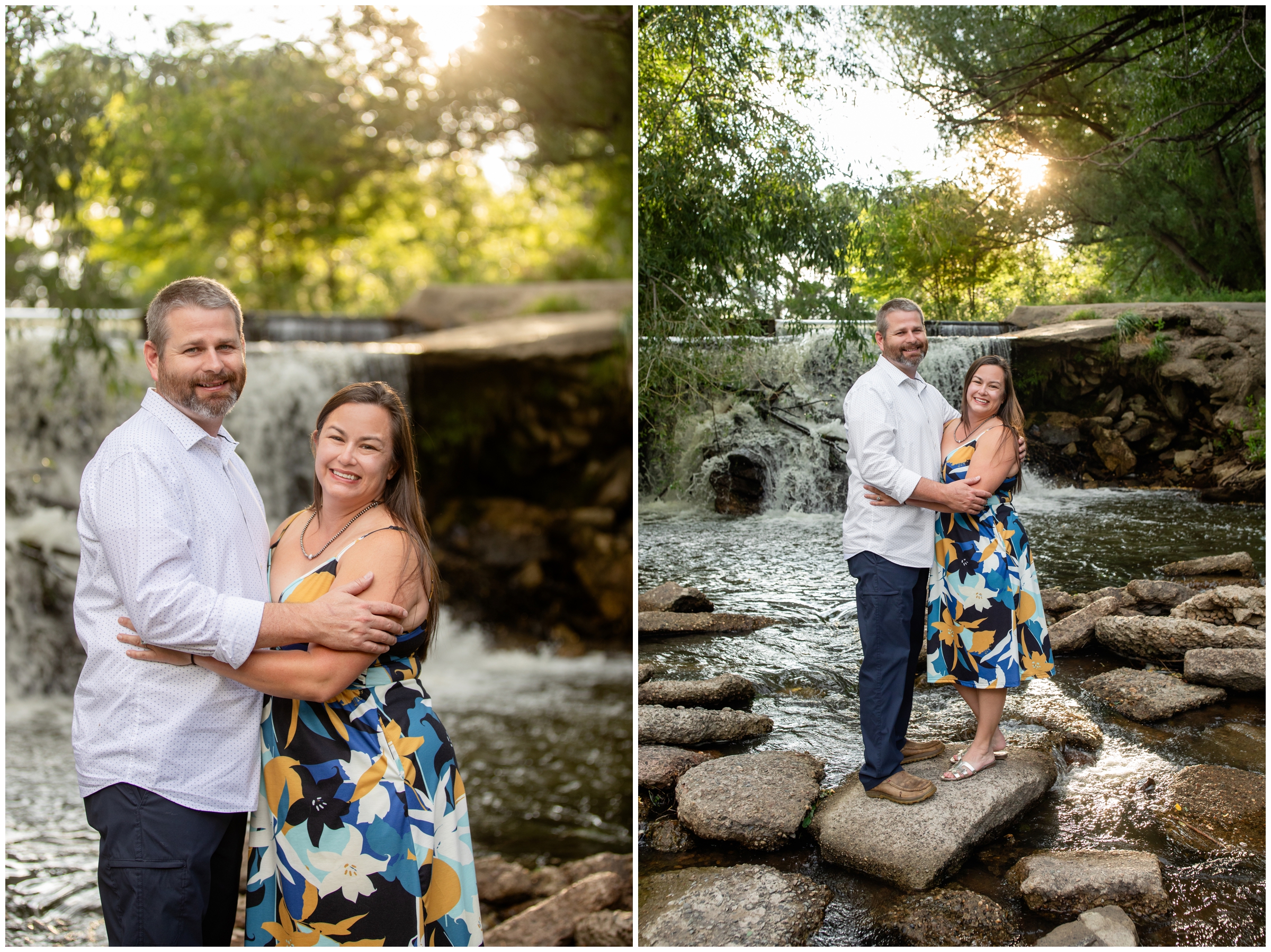 couple posing by waterfall in Longmont Colorado 