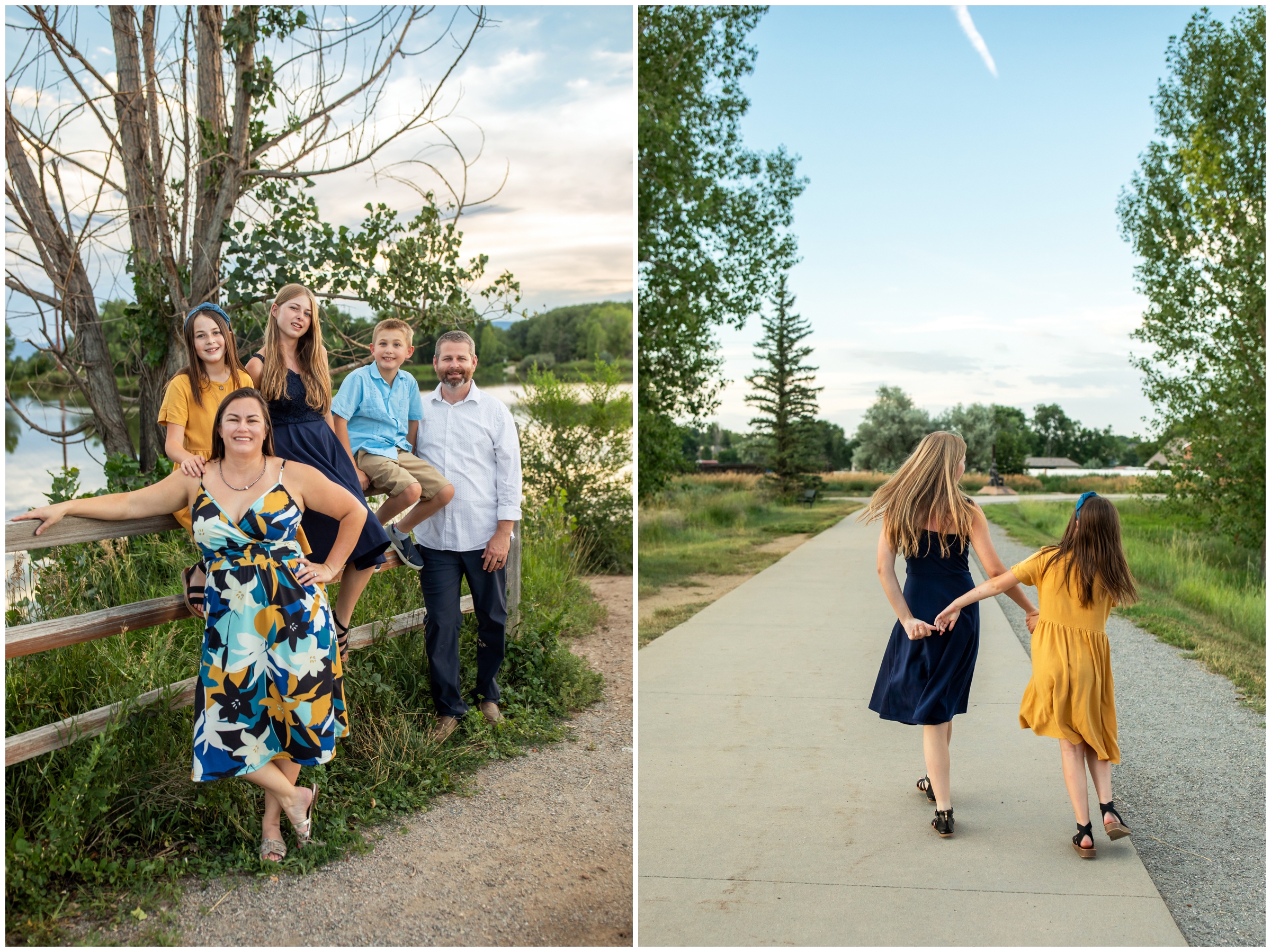 family posing on fence during Longmont Colorado summer family portraits at Golden Ponds