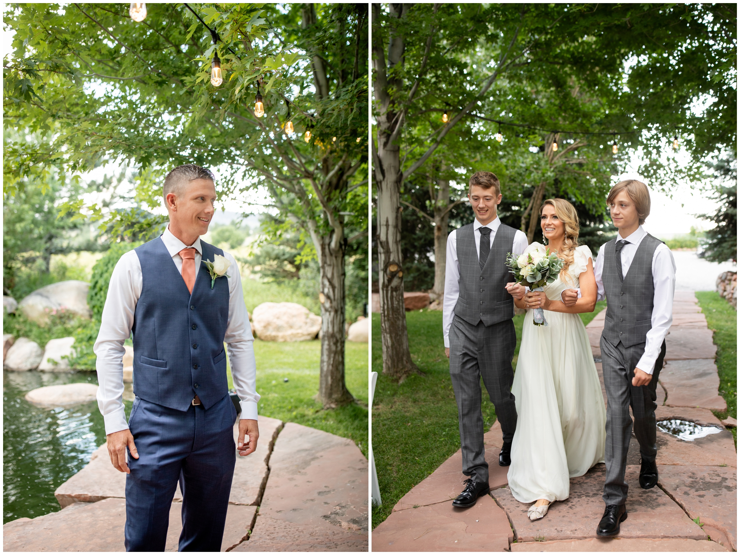 bride walking down aisle with her sons during outdoor wedding ceremony at the Greenbriar Inn colorado 