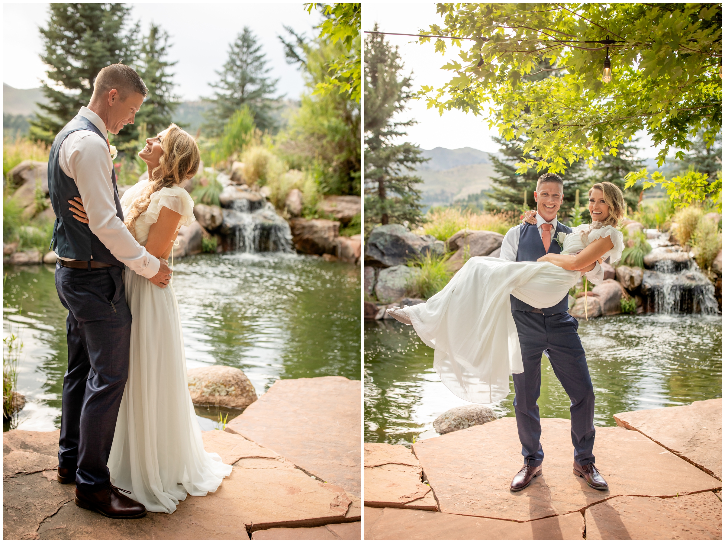 groom lifting bride in front of pond during Greenbriar Inn Boulder Colorado wedding portraits 