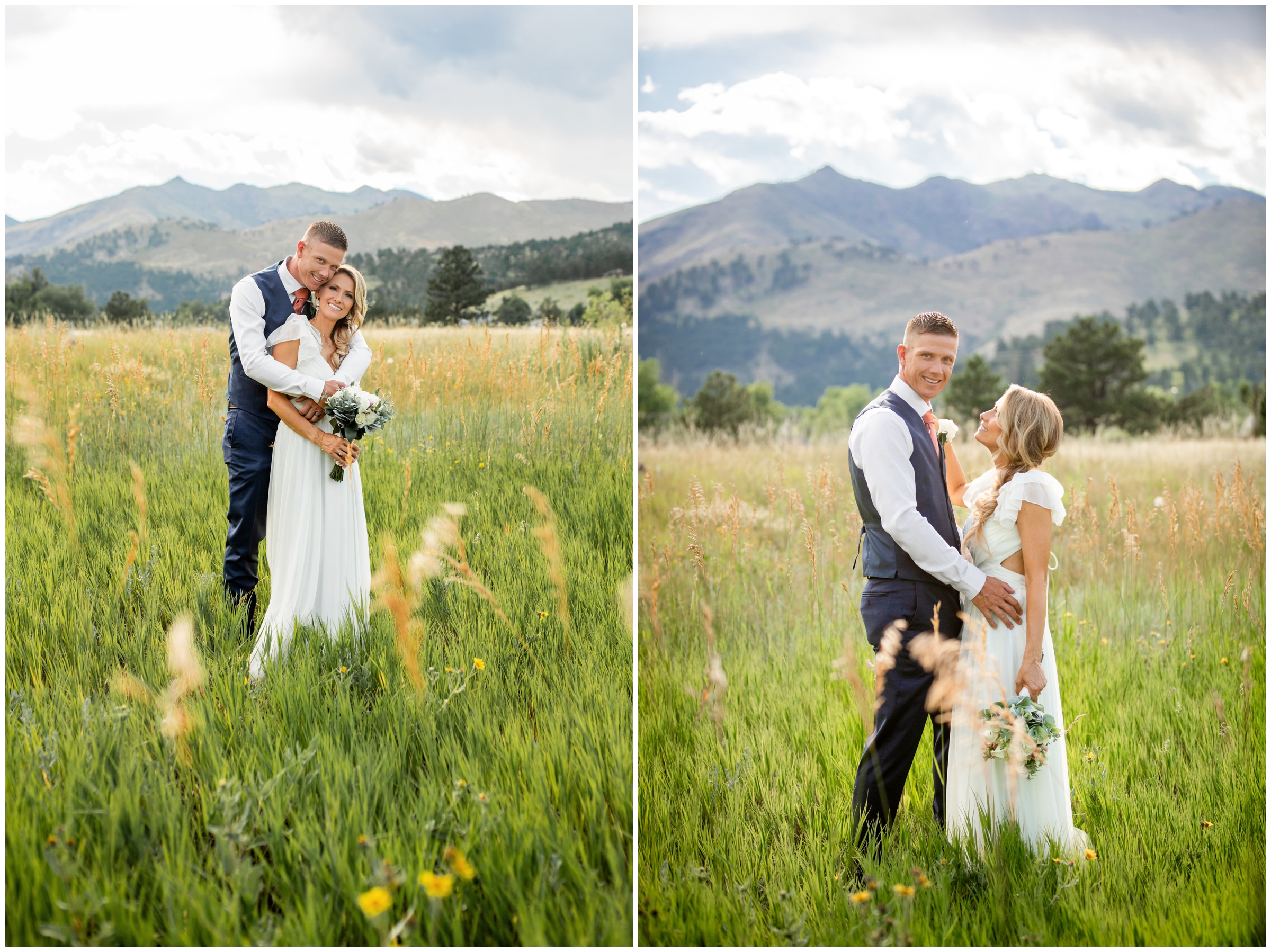 couple embracing in mountain field during Boulder wedding portraits at the Greenbriar Inn