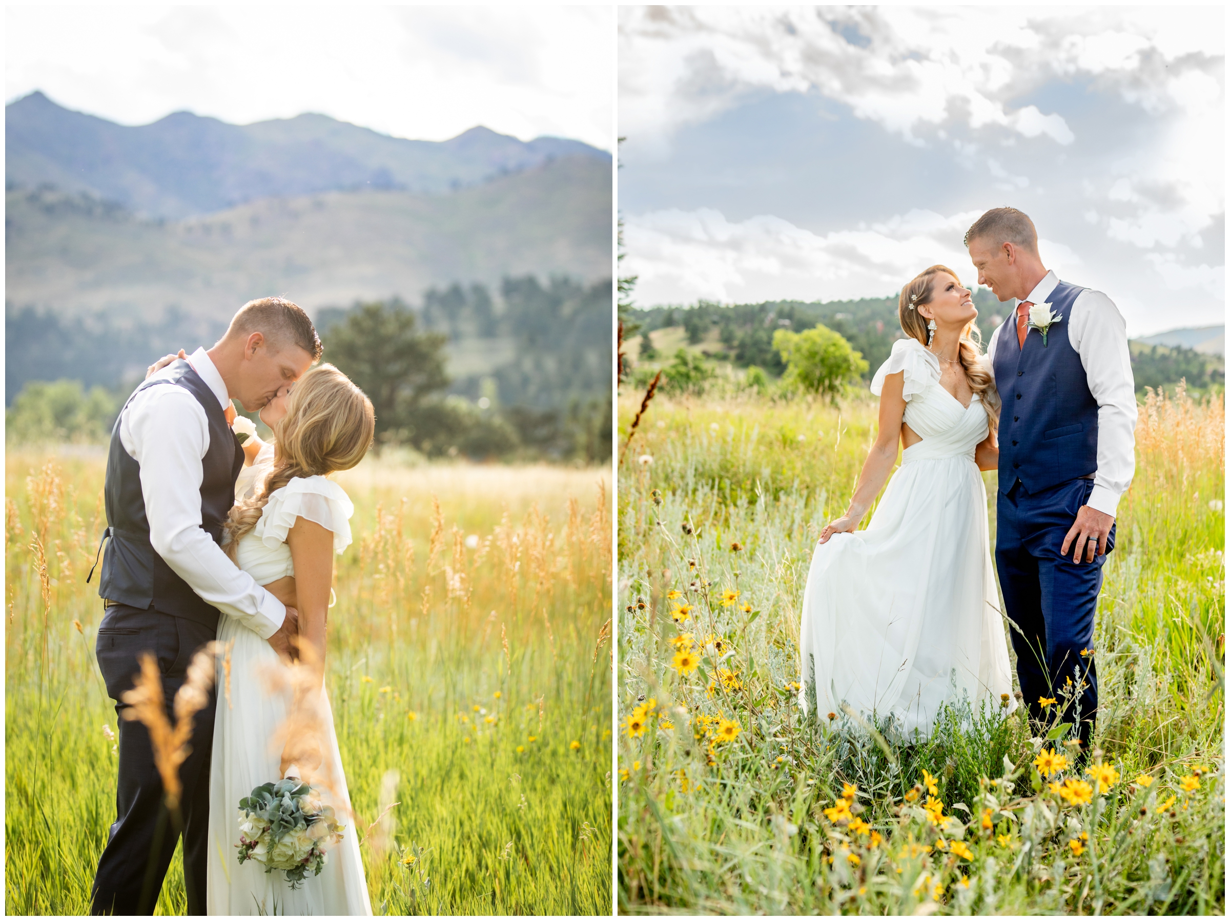 couple posing in wildflower field during Colorado mountain wedding portraits by Plum Pretty Photography 